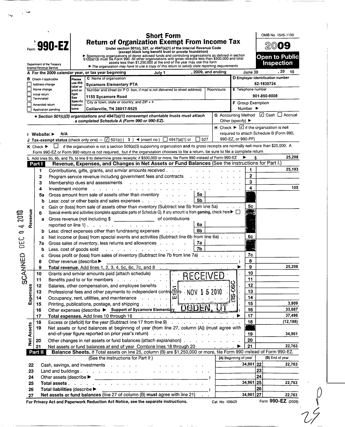 Image of first page of 2009 Form 990EZ for PTA Tennessee Congress of Parents Teachers / Sycamore Elementary School PTA