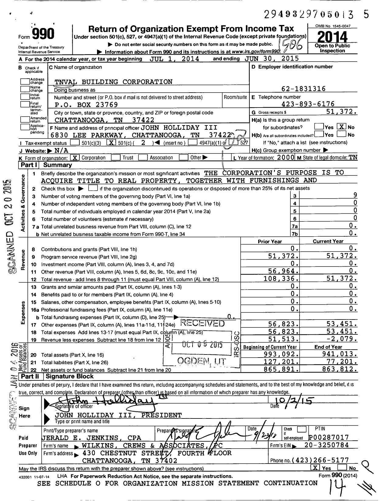 Image of first page of 2014 Form 990O for Tnval Building Corporation