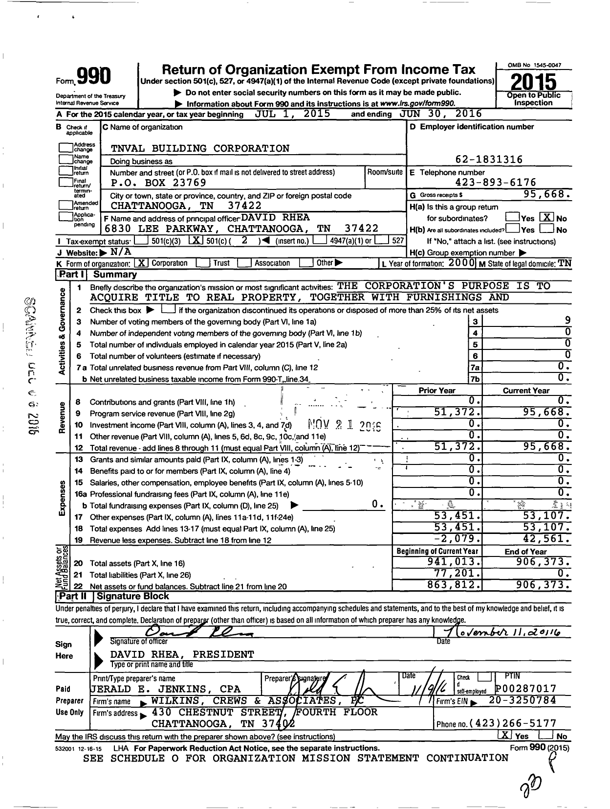 Image of first page of 2015 Form 990O for Tnval Building Corporation