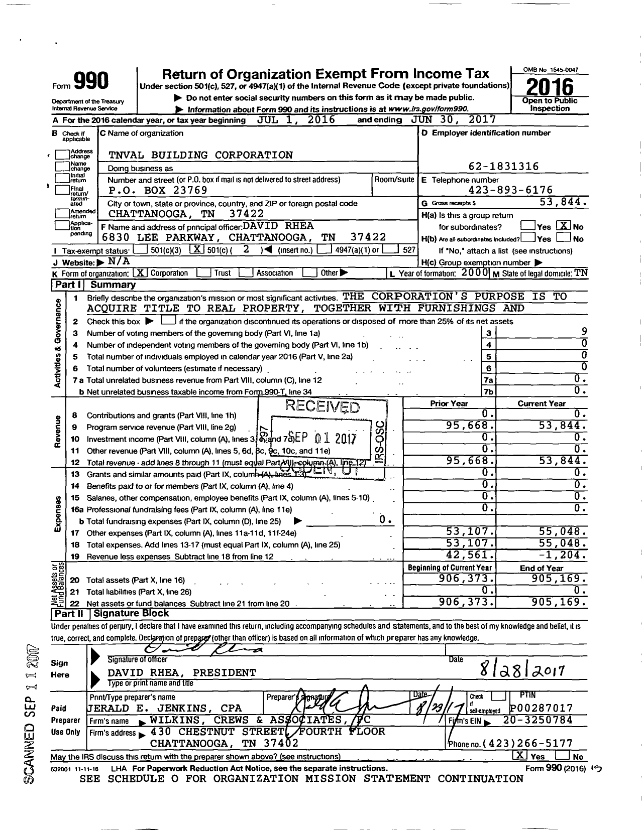 Image of first page of 2016 Form 990O for Tnval Building Corporation