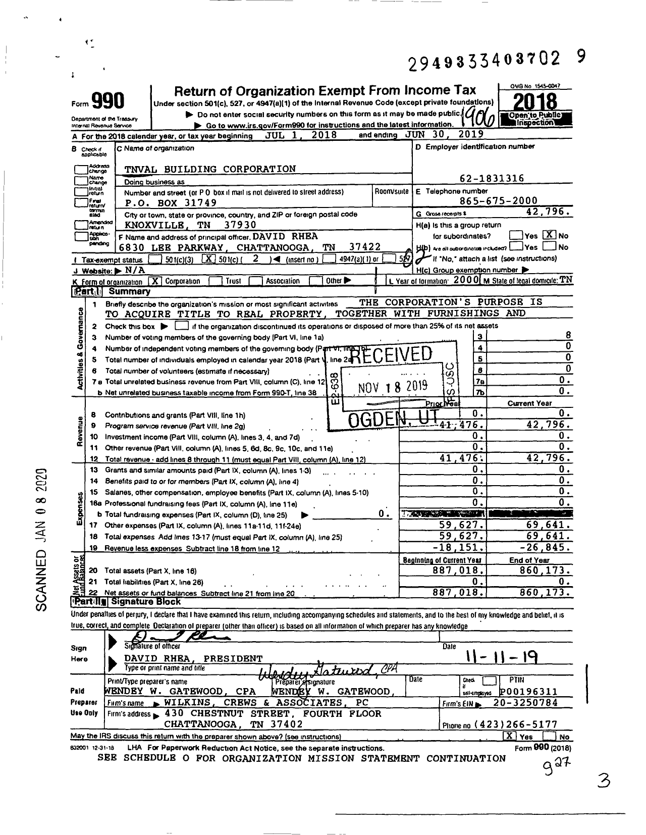 Image of first page of 2018 Form 990O for Tnval Building Corporation