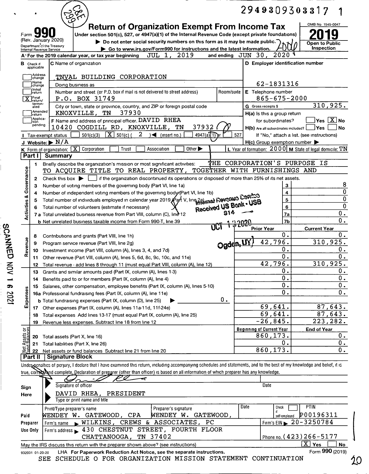 Image of first page of 2019 Form 990O for Tnval Building Corporation