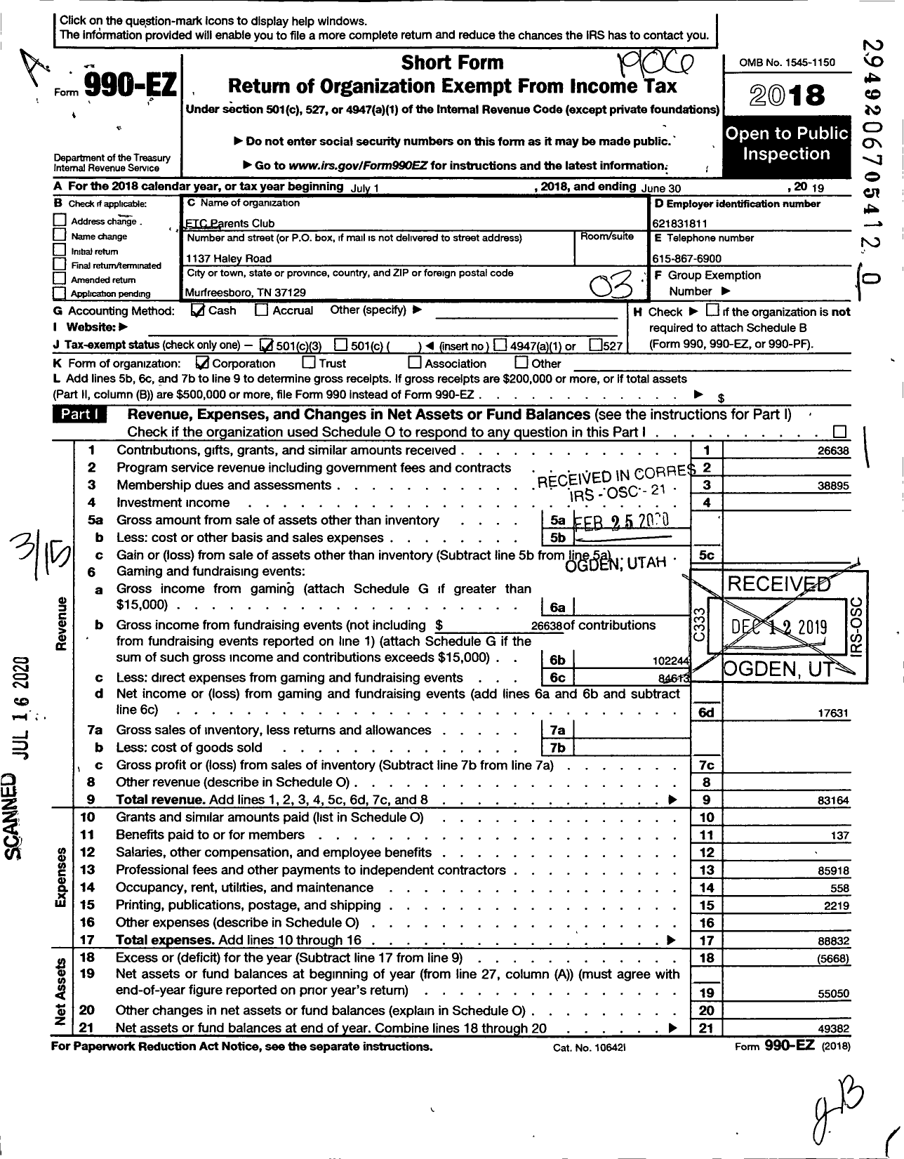 Image of first page of 2018 Form 990EZ for Etc Parents Club