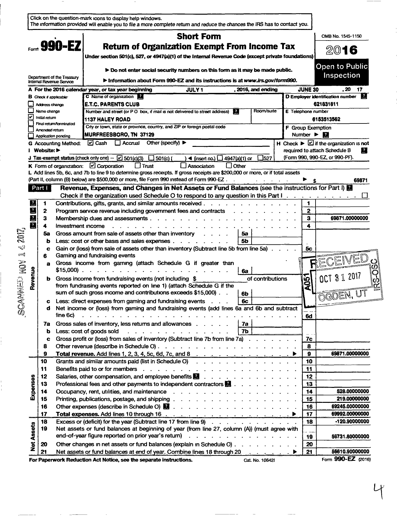 Image of first page of 2016 Form 990EZ for Etc Parents Club