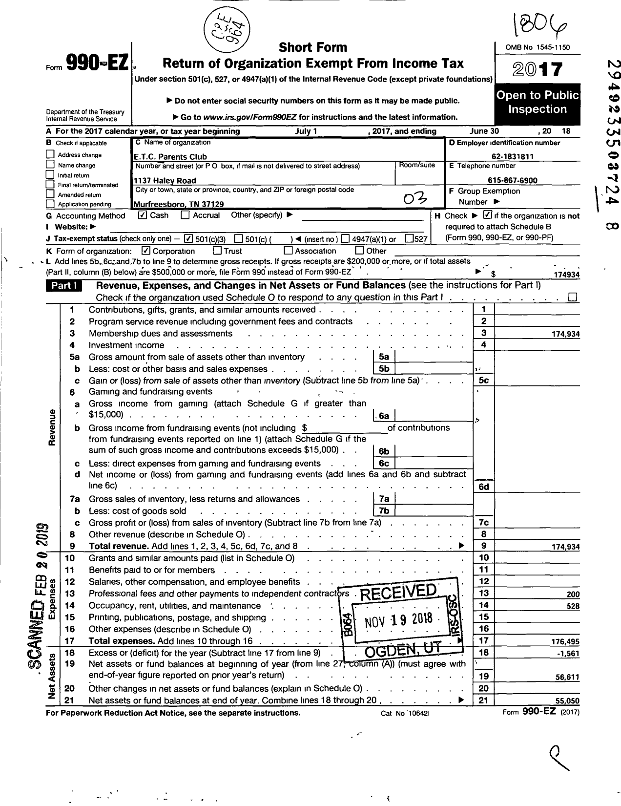 Image of first page of 2017 Form 990EZ for Etc Parents Club