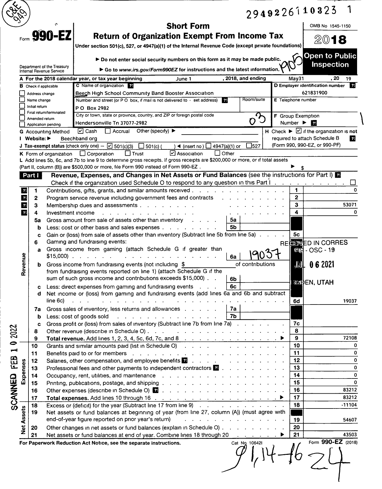 Image of first page of 2018 Form 990EZ for Beech High School Community Band Boosters Association