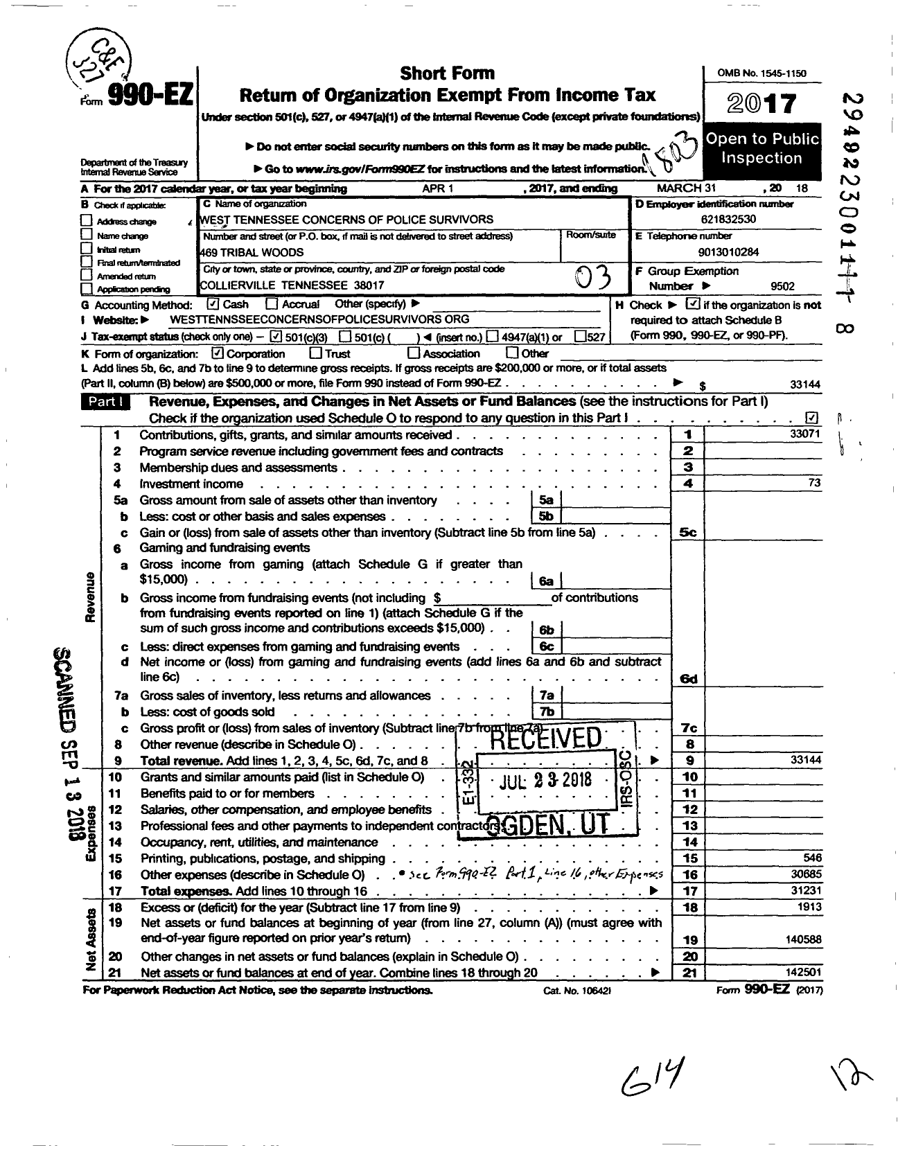 Image of first page of 2017 Form 990EZ for Concerns of Police Survivors / West Tennessee Cops