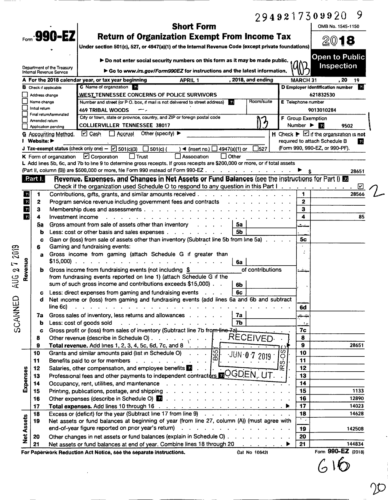 Image of first page of 2018 Form 990EZ for Concerns of Police Survivors / West Tennessee Cops