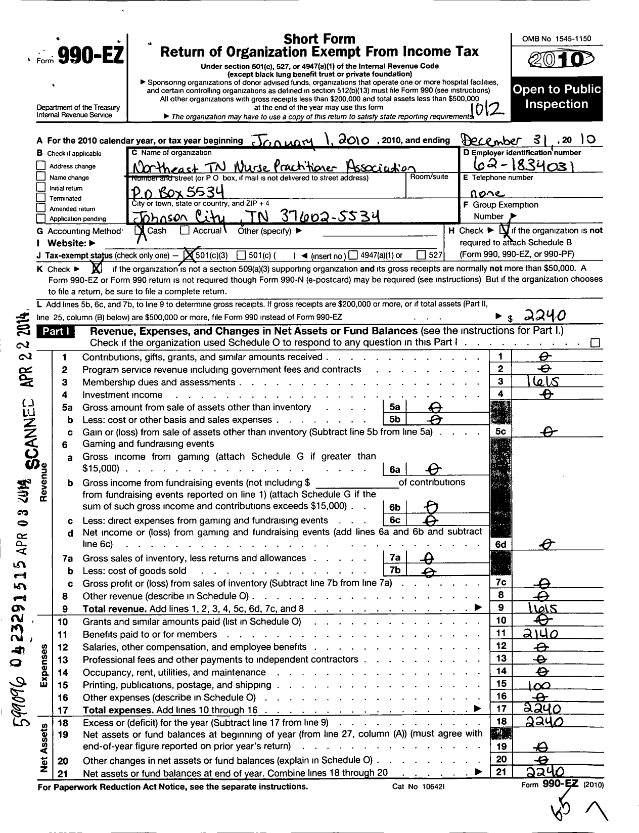 Image of first page of 2010 Form 990EZ for Northeast TN Nurse Practitioner Association