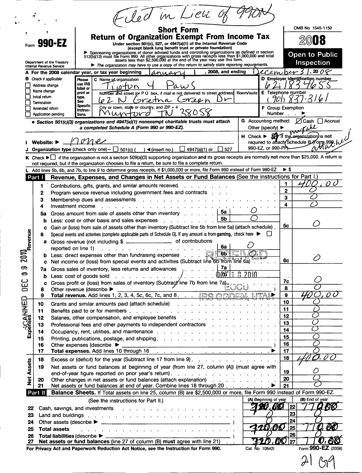 Image of first page of 2008 Form 990EO for Tipton 4 Paws
