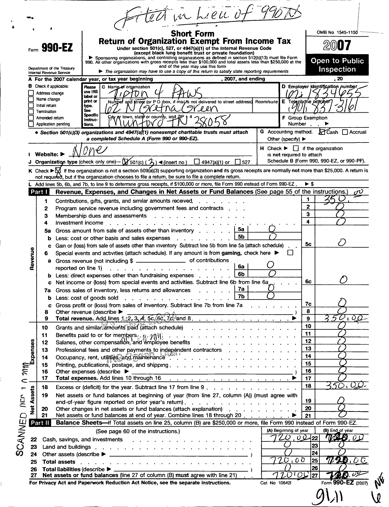Image of first page of 2007 Form 990EZ for Tipton 4 Paws