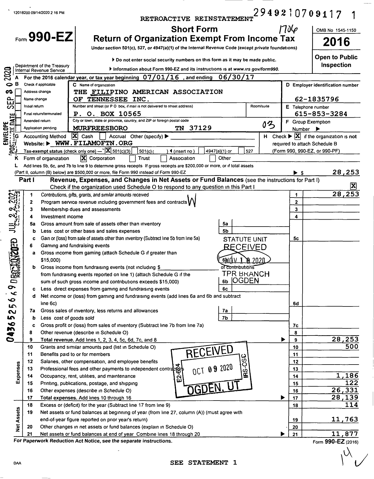 Image of first page of 2016 Form 990EZ for The Filipino American Association of Tennessee