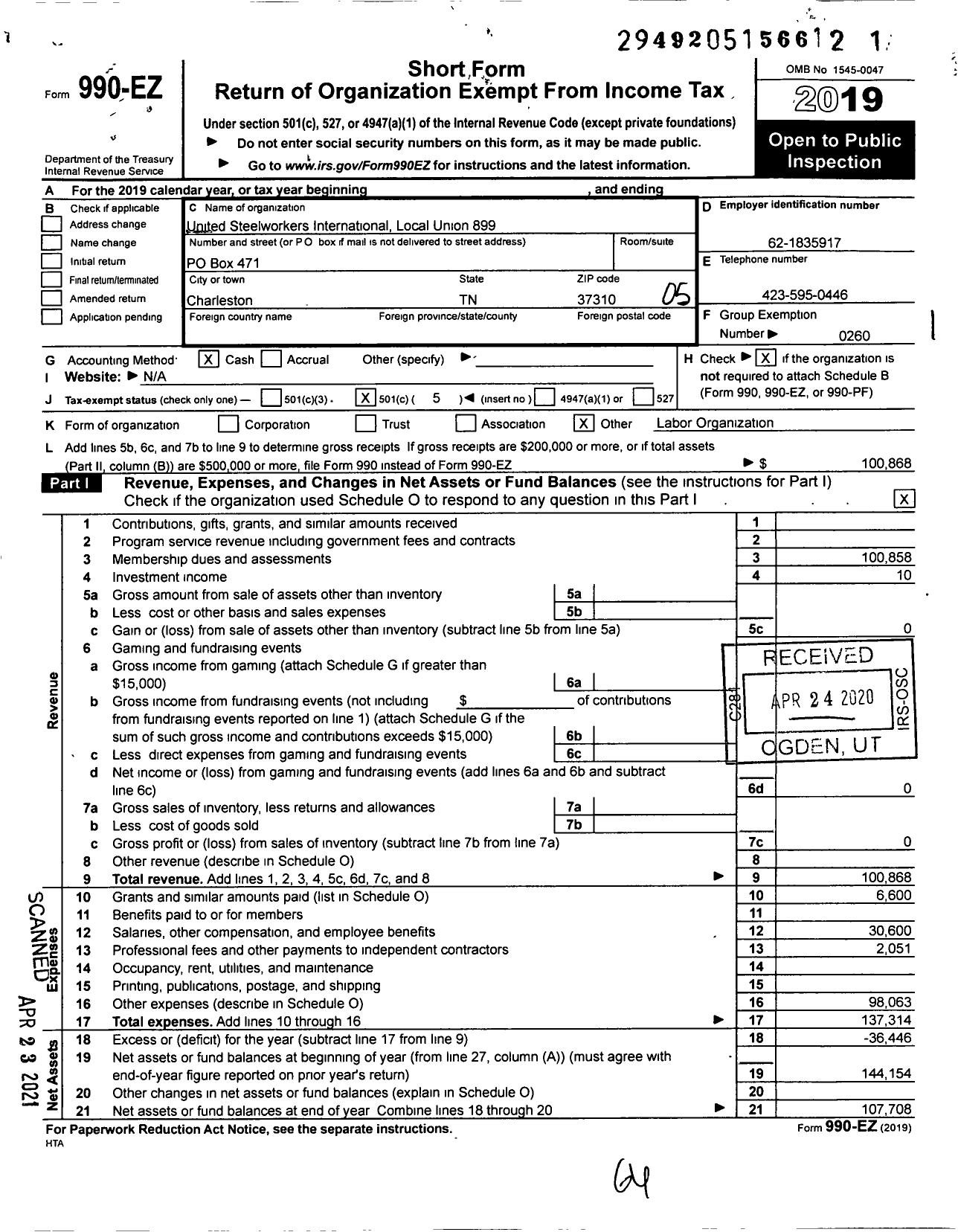 Image of first page of 2019 Form 990EO for United Steelworkers - 00899 Local