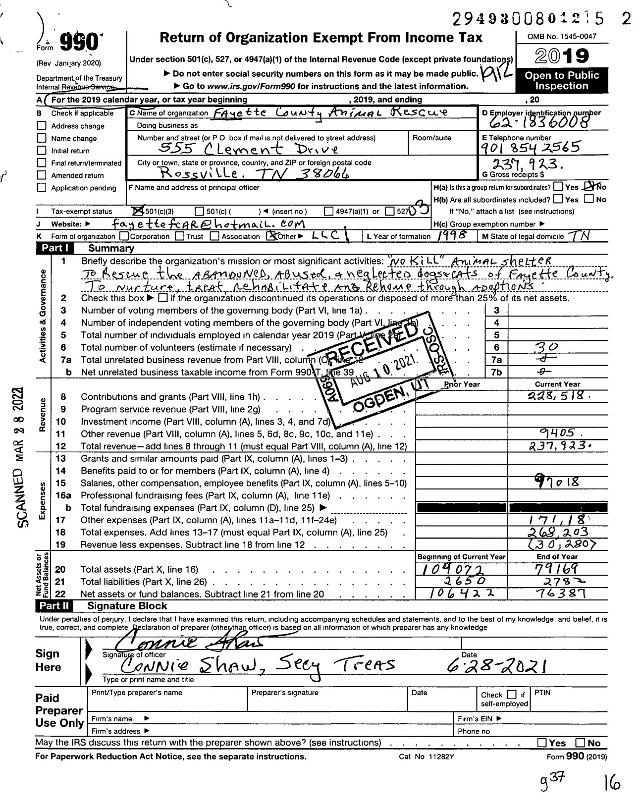 Image of first page of 2019 Form 990 for Fayette County Animal Rescue