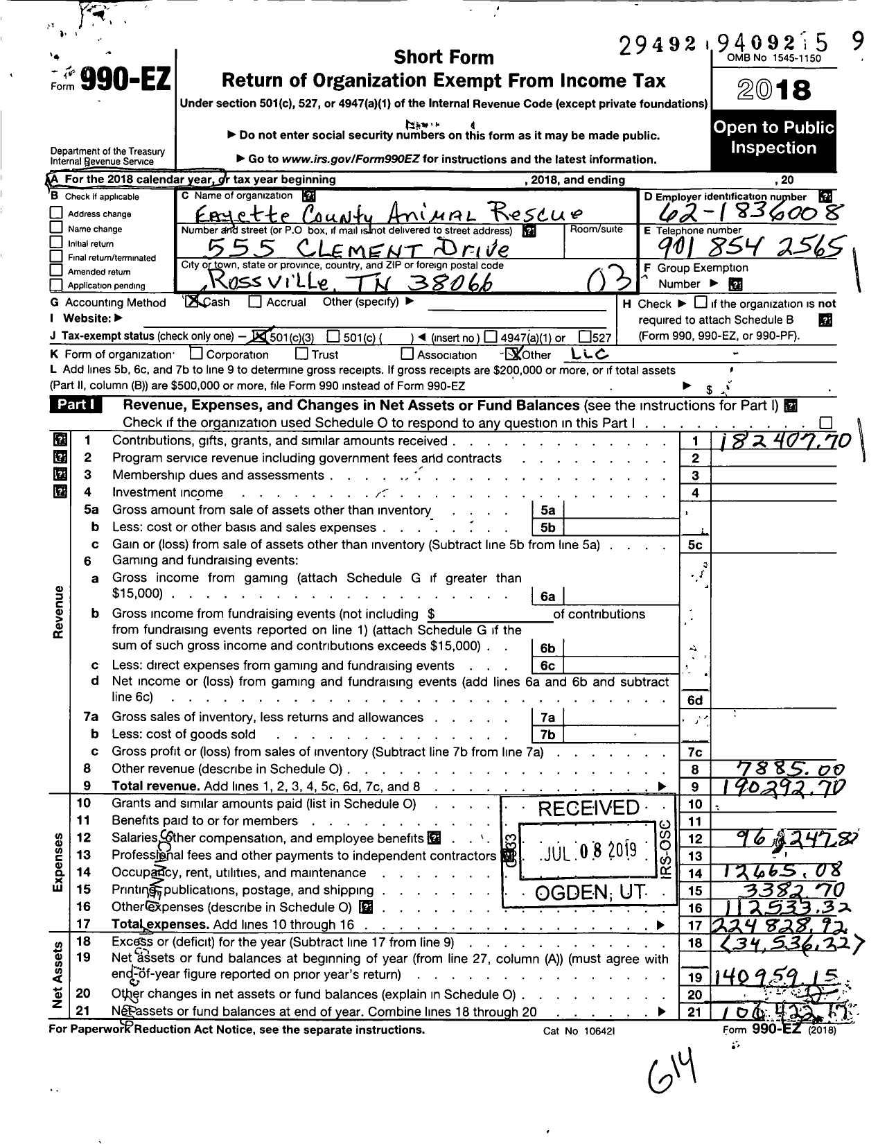 Image of first page of 2018 Form 990EZ for Fayette County Animal Rescue