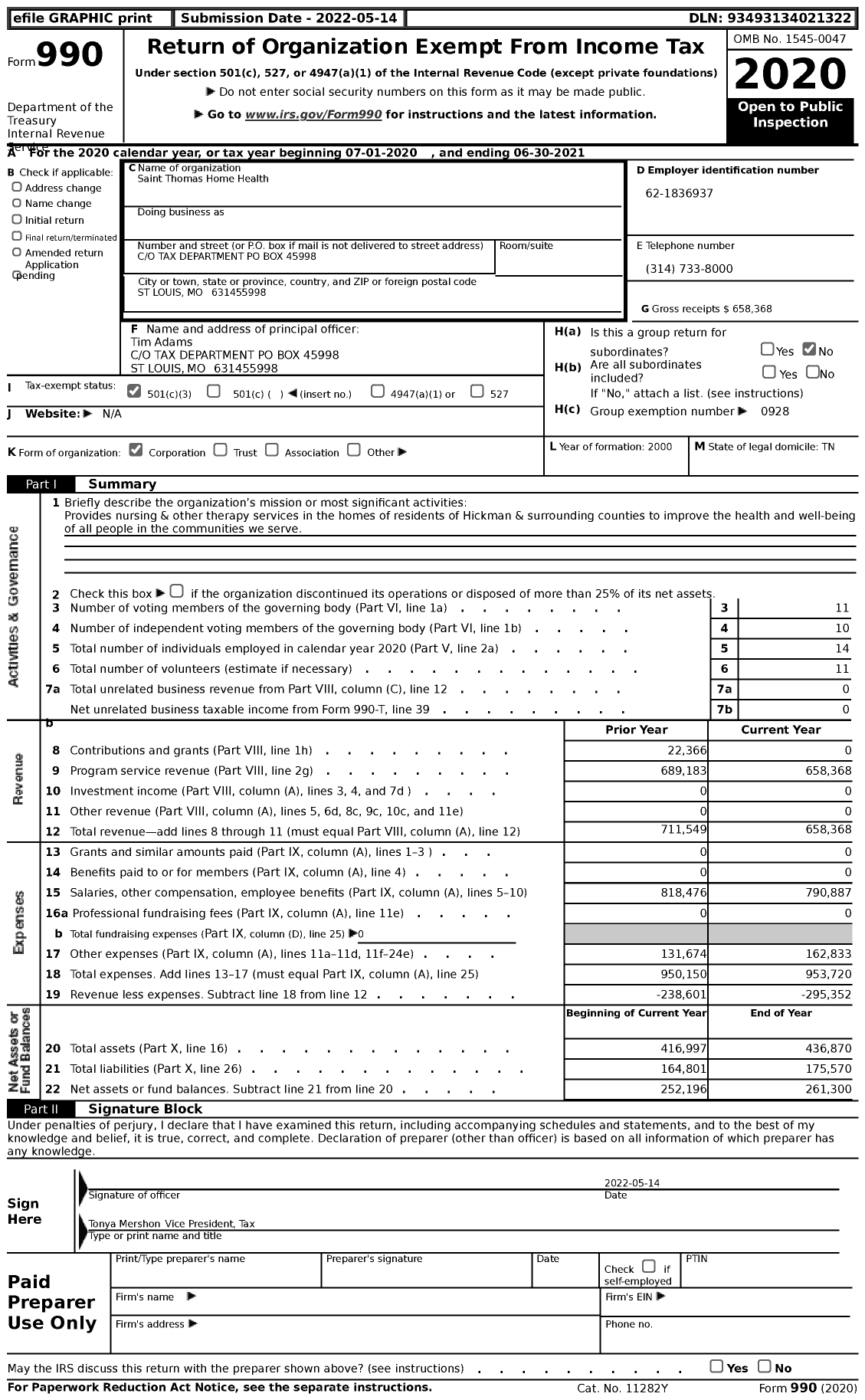 Image of first page of 2020 Form 990 for Saint Thomas Home Health