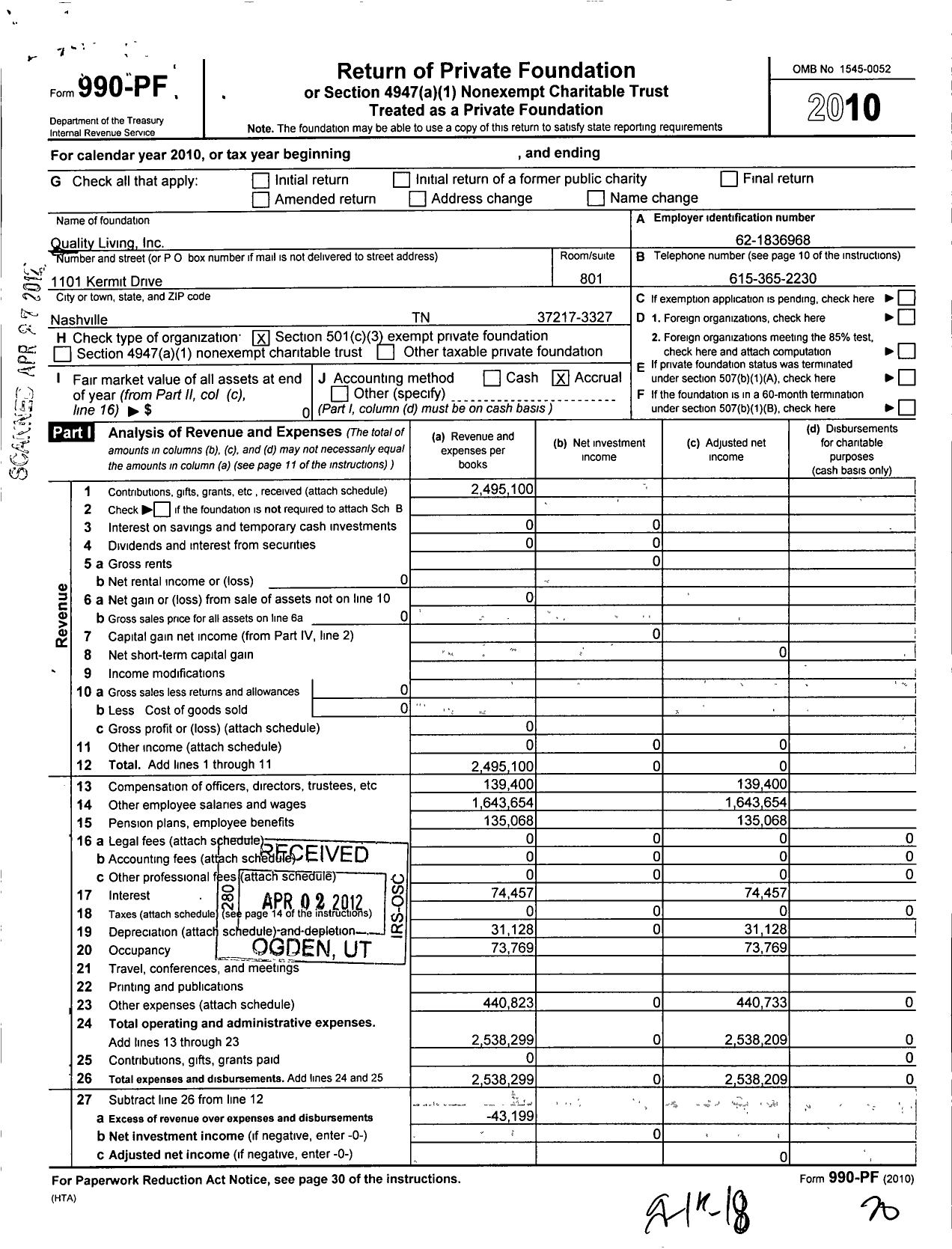 Image of first page of 2010 Form 990PF for Quality Living