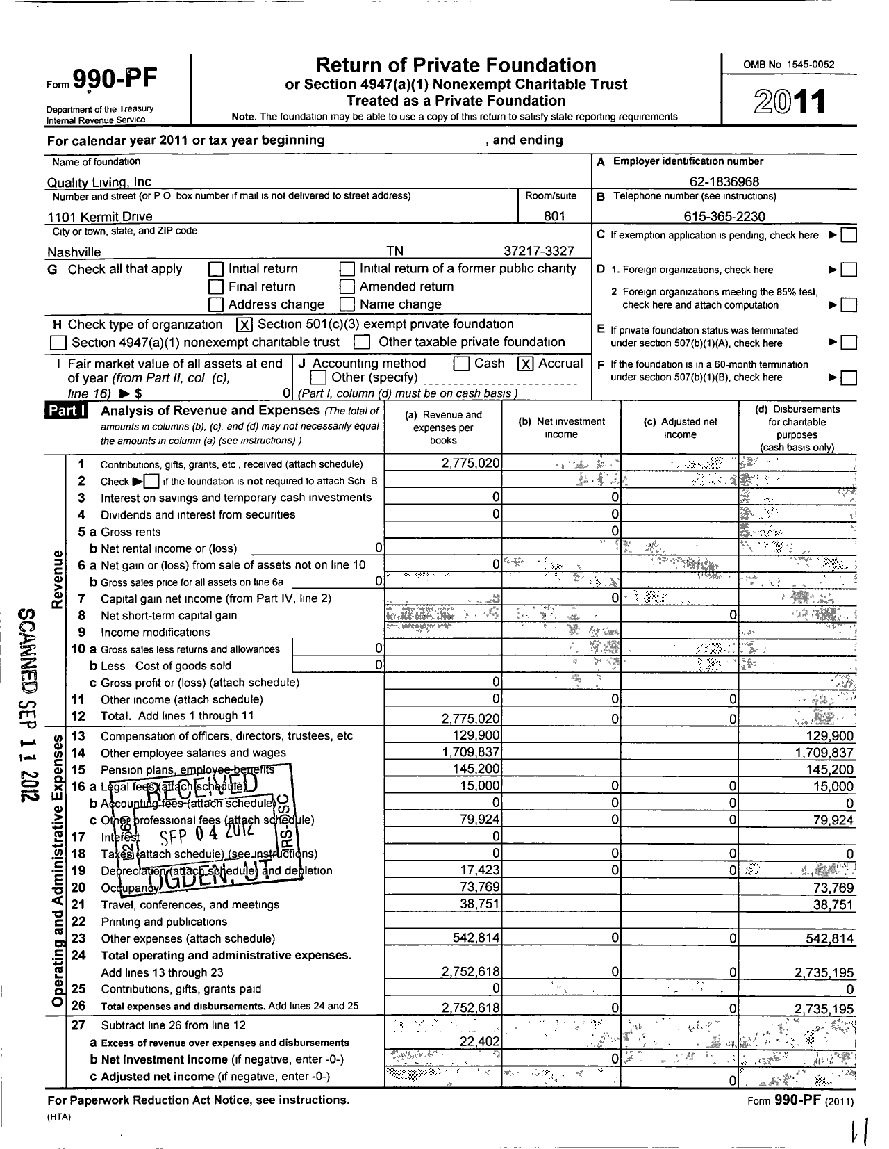 Image of first page of 2011 Form 990PF for Quality Living
