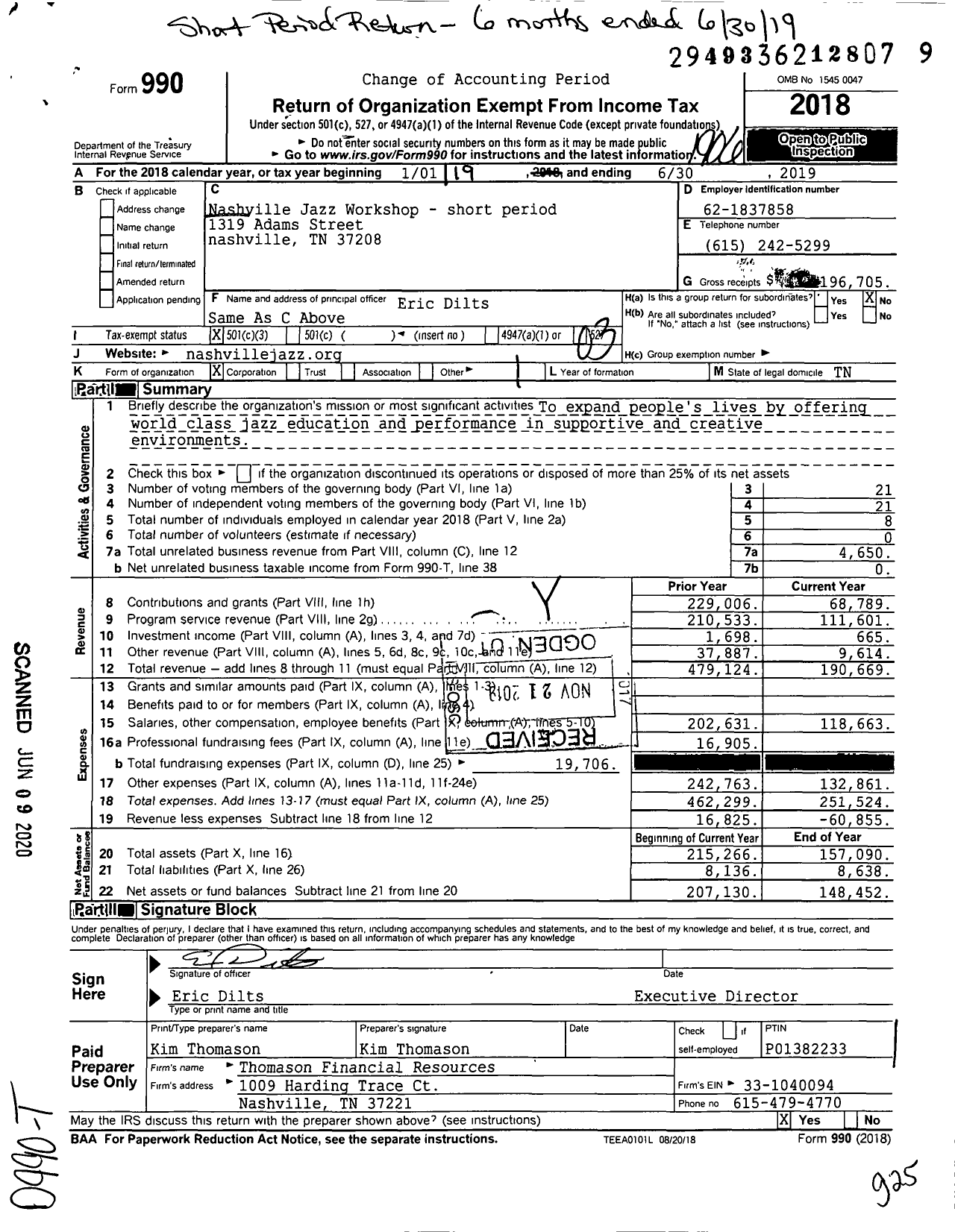 Image of first page of 2018 Form 990 for Nashville Jazz Workshop