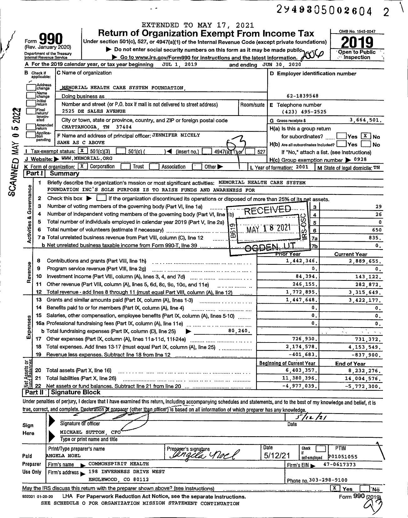 Image of first page of 2019 Form 990 for Memorial Health Care System Foundation