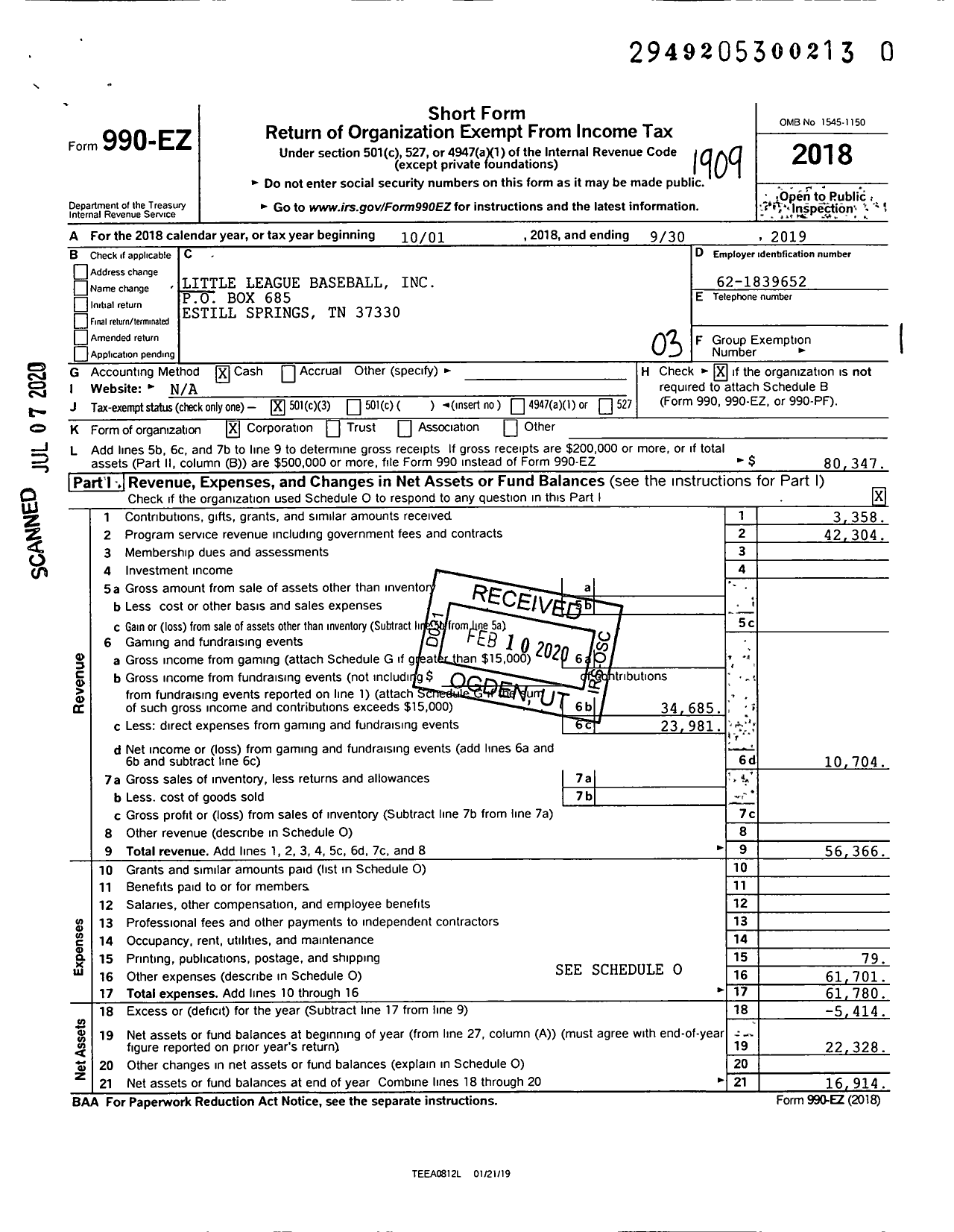 Image of first page of 2018 Form 990EZ for Little League Baseball - 3420808 Estill Springs LL