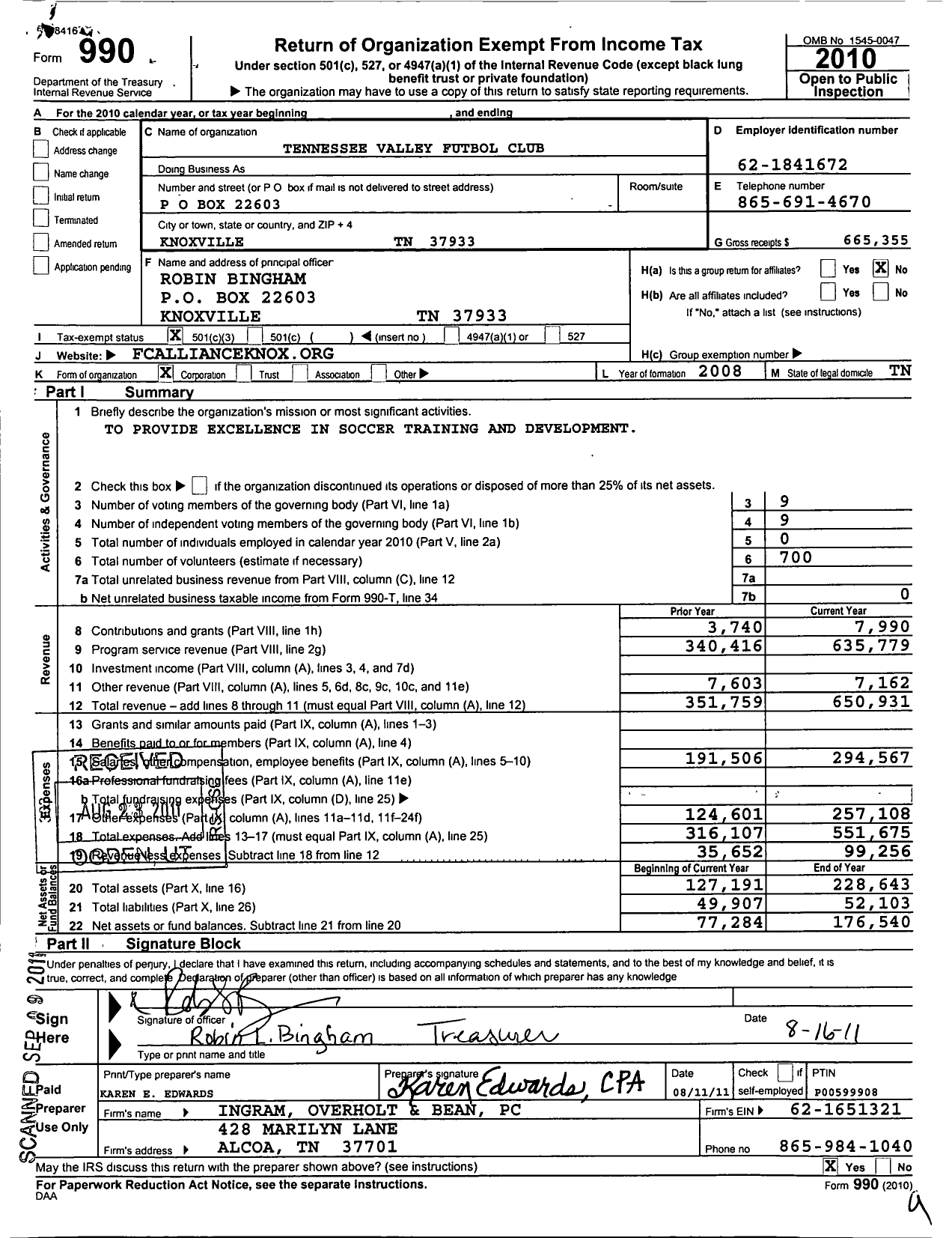 Image of first page of 2010 Form 990 for Tennessee Valley Futbol Club