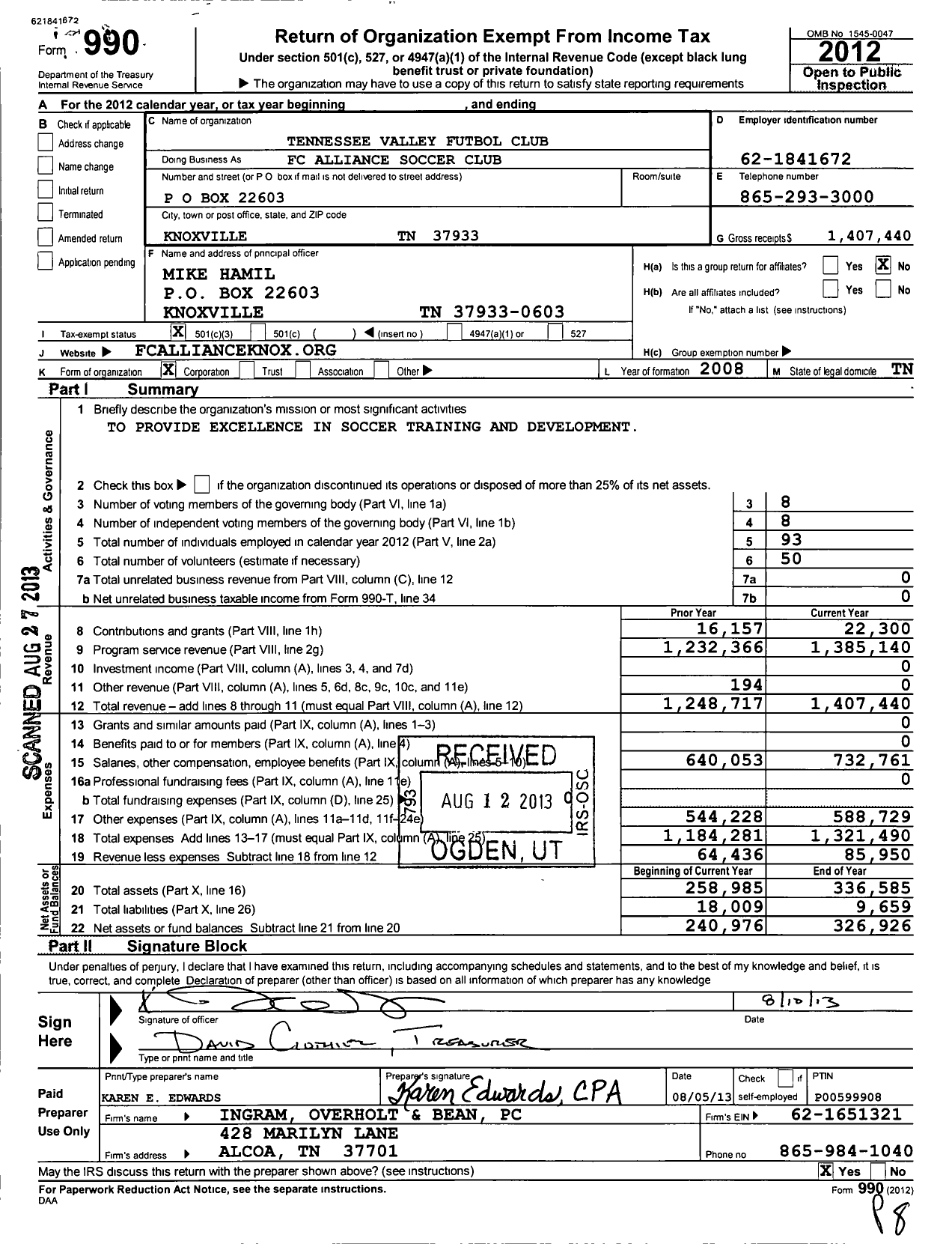 Image of first page of 2012 Form 990 for Tennessee Valley Futbol Club