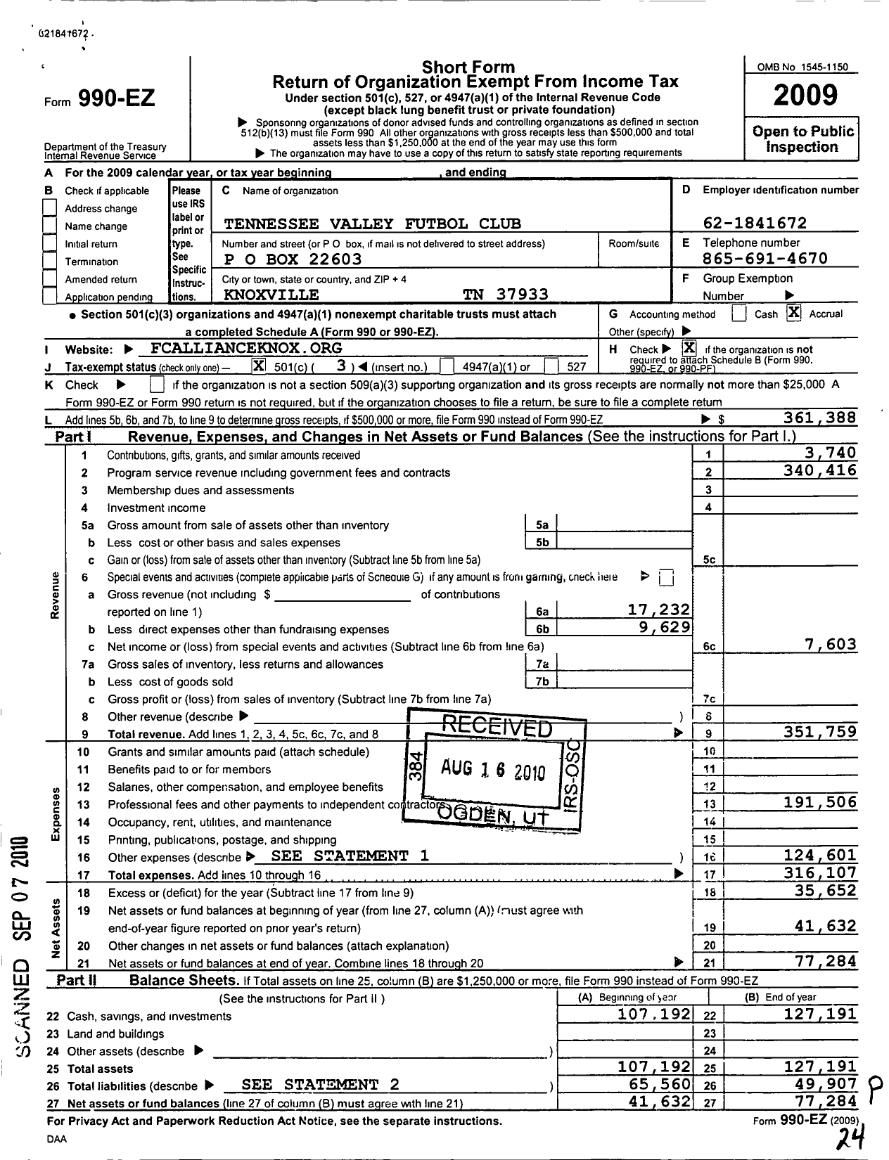 Image of first page of 2009 Form 990EZ for Tennessee Valley Futbol Club