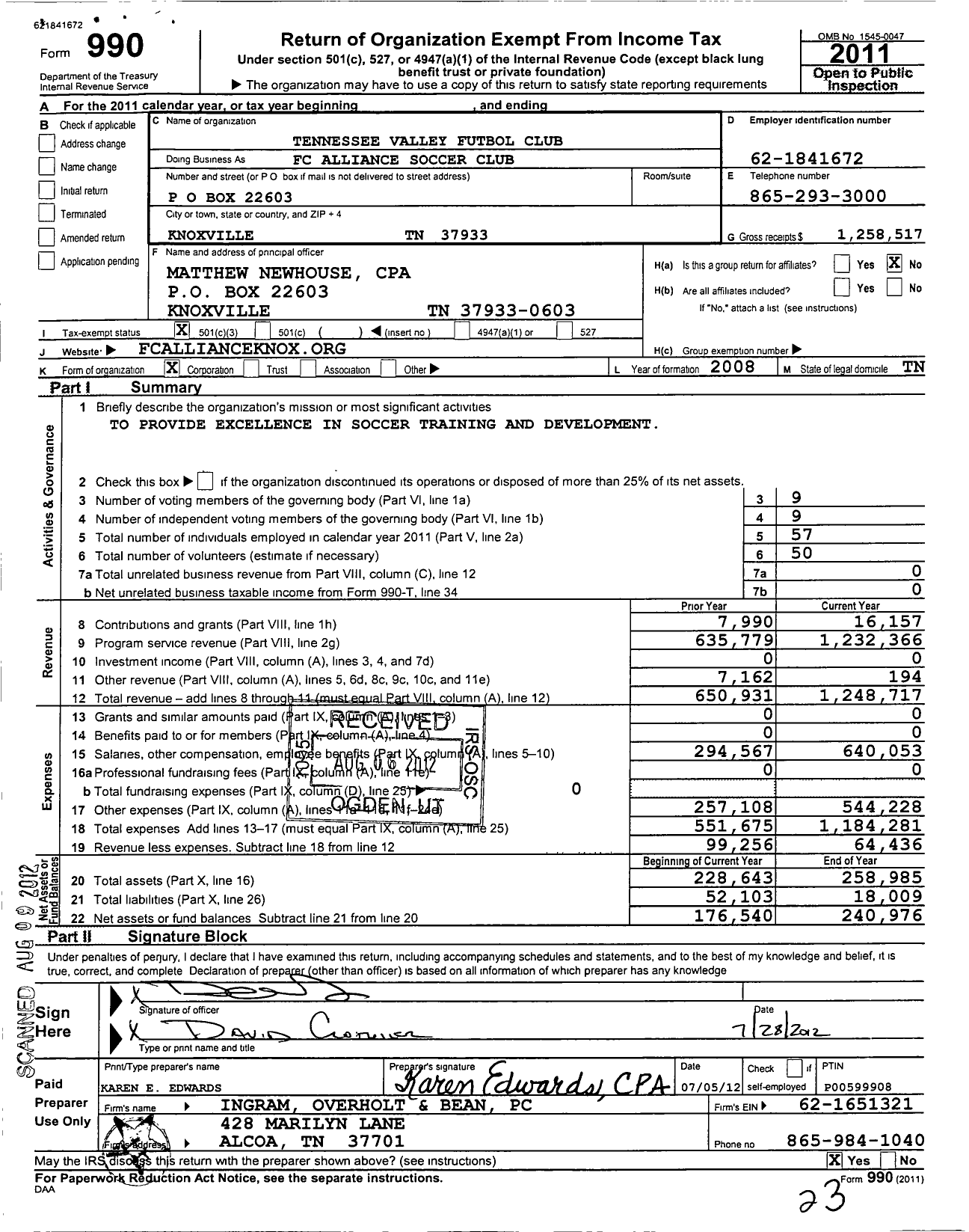 Image of first page of 2011 Form 990 for Tennessee Valley Futbol Club