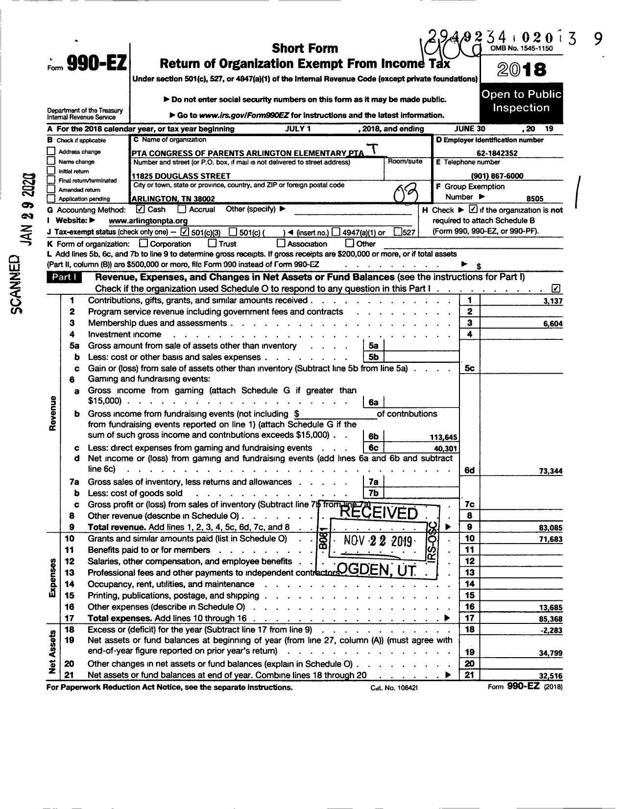 Image of first page of 2018 Form 990EZ for PTA Tennessee Congress of Parents and Teachers / Arlington Elementary School