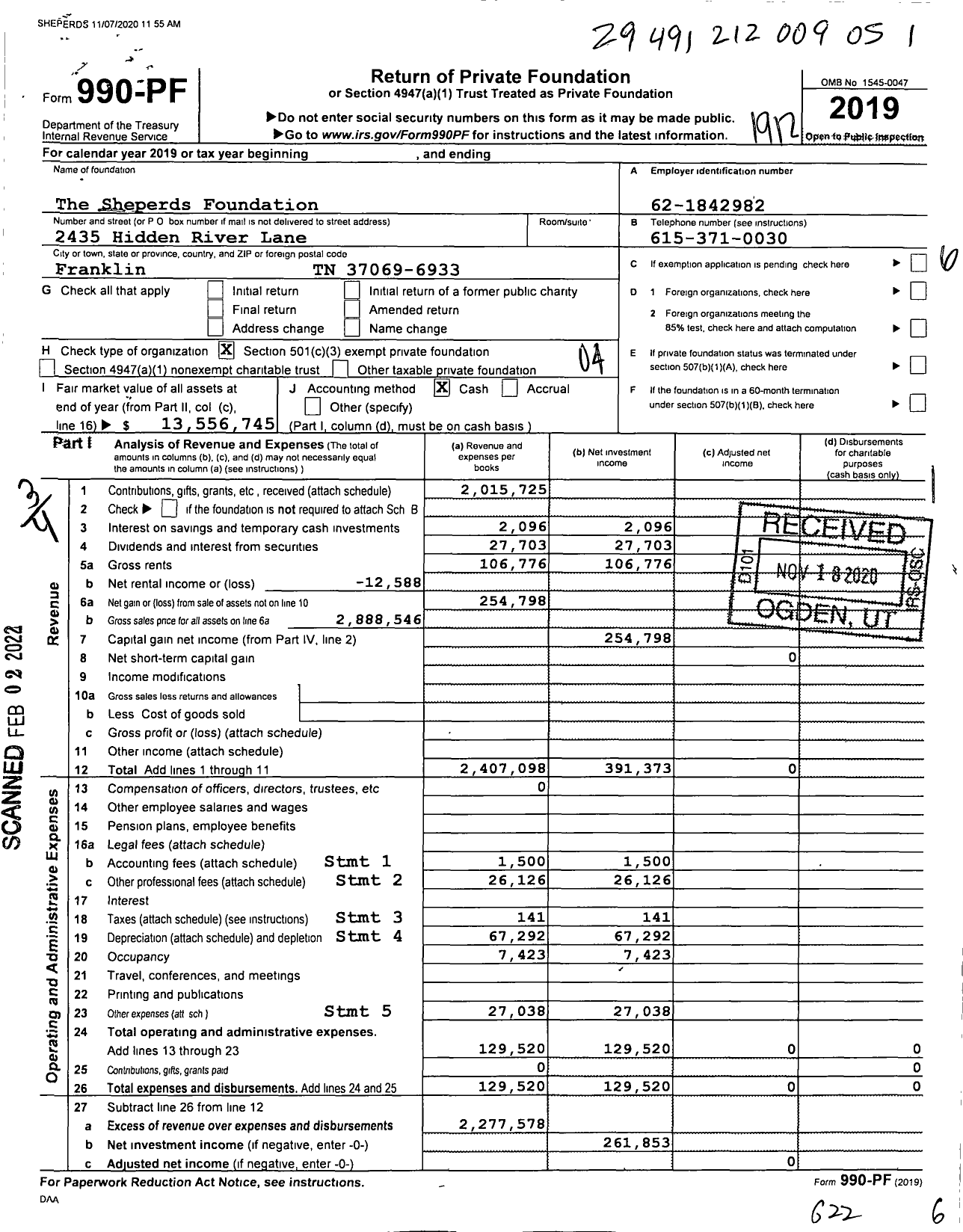 Image of first page of 2019 Form 990PF for The Sheperds Foundation