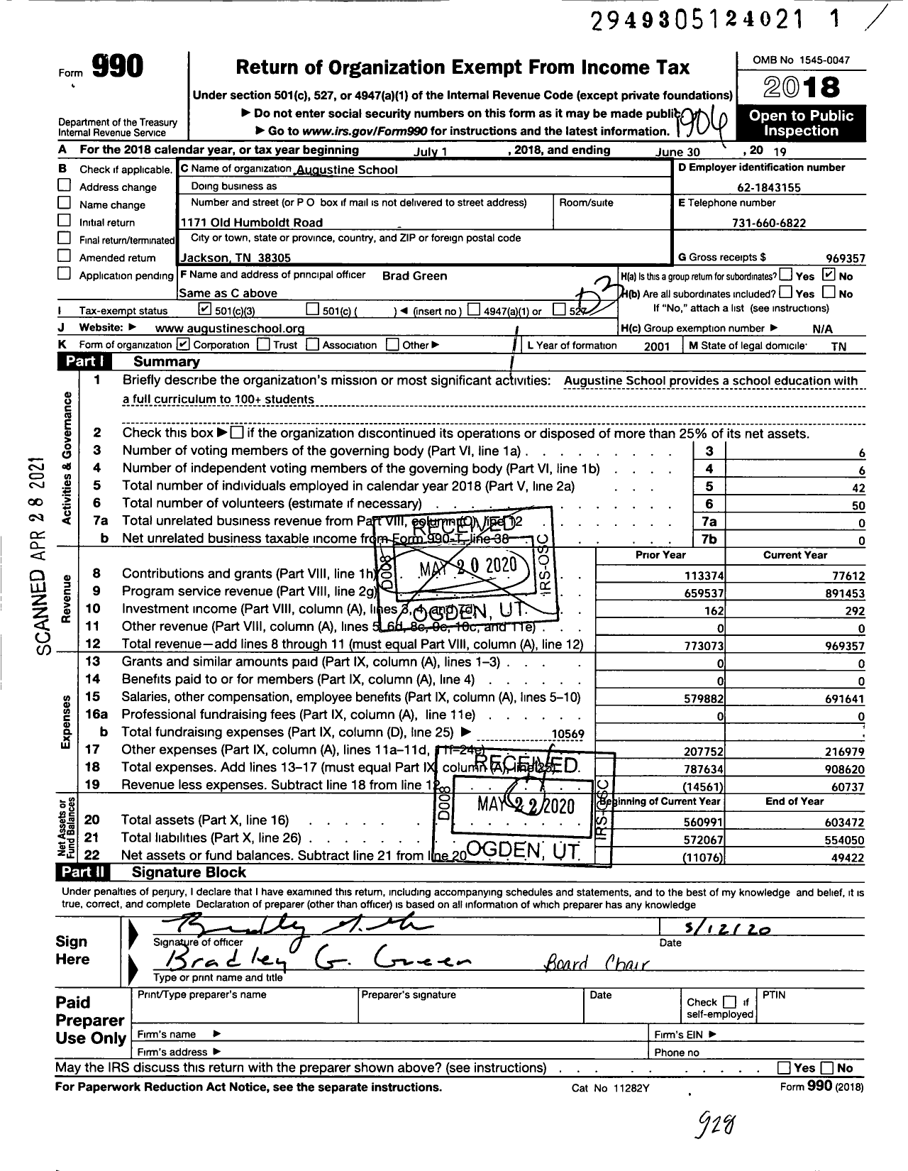 Image of first page of 2018 Form 990 for Augustine School