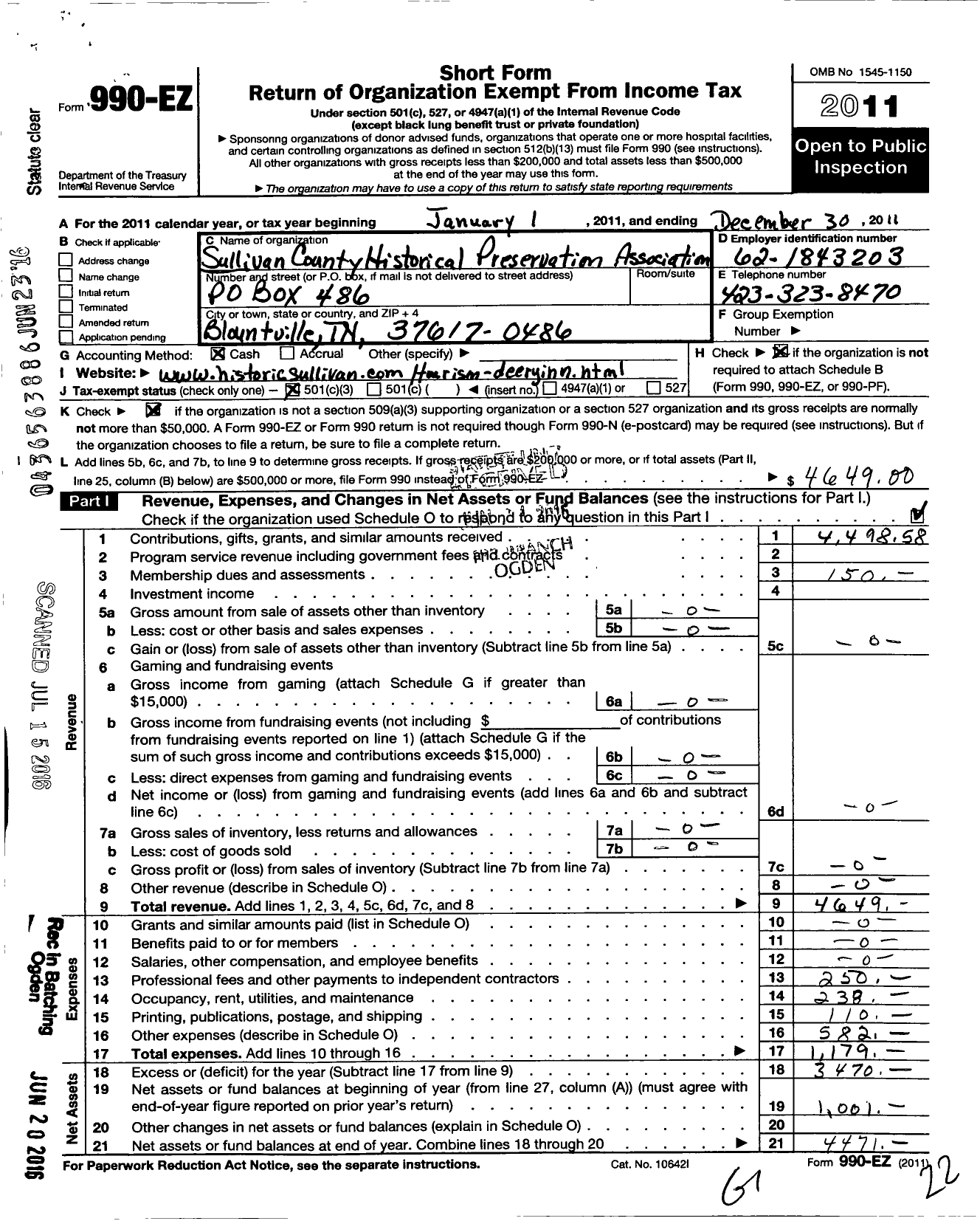 Image of first page of 2011 Form 990EZ for Sullivan County Historical Preservation Association