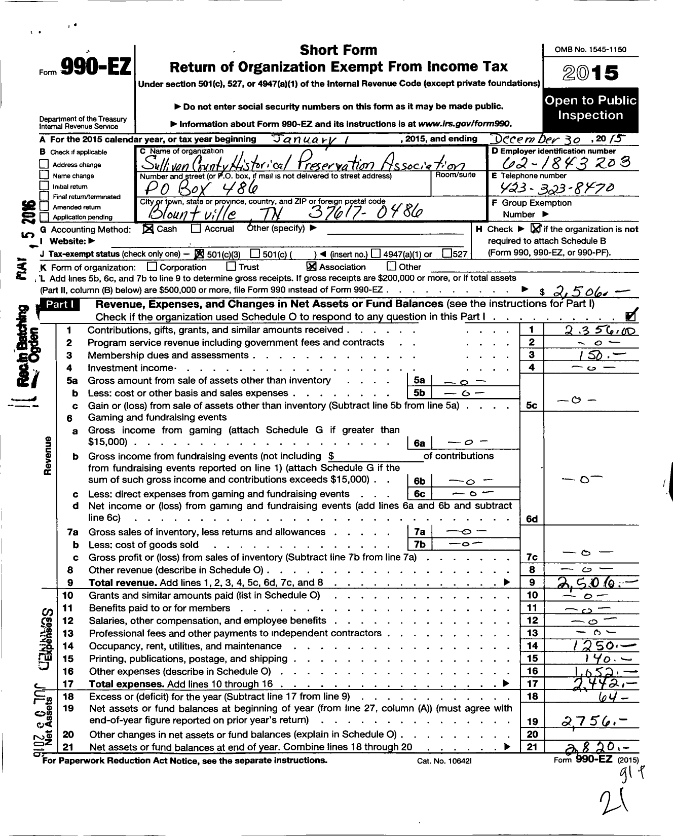 Image of first page of 2015 Form 990EZ for Sullivan County Historical Preservation Association