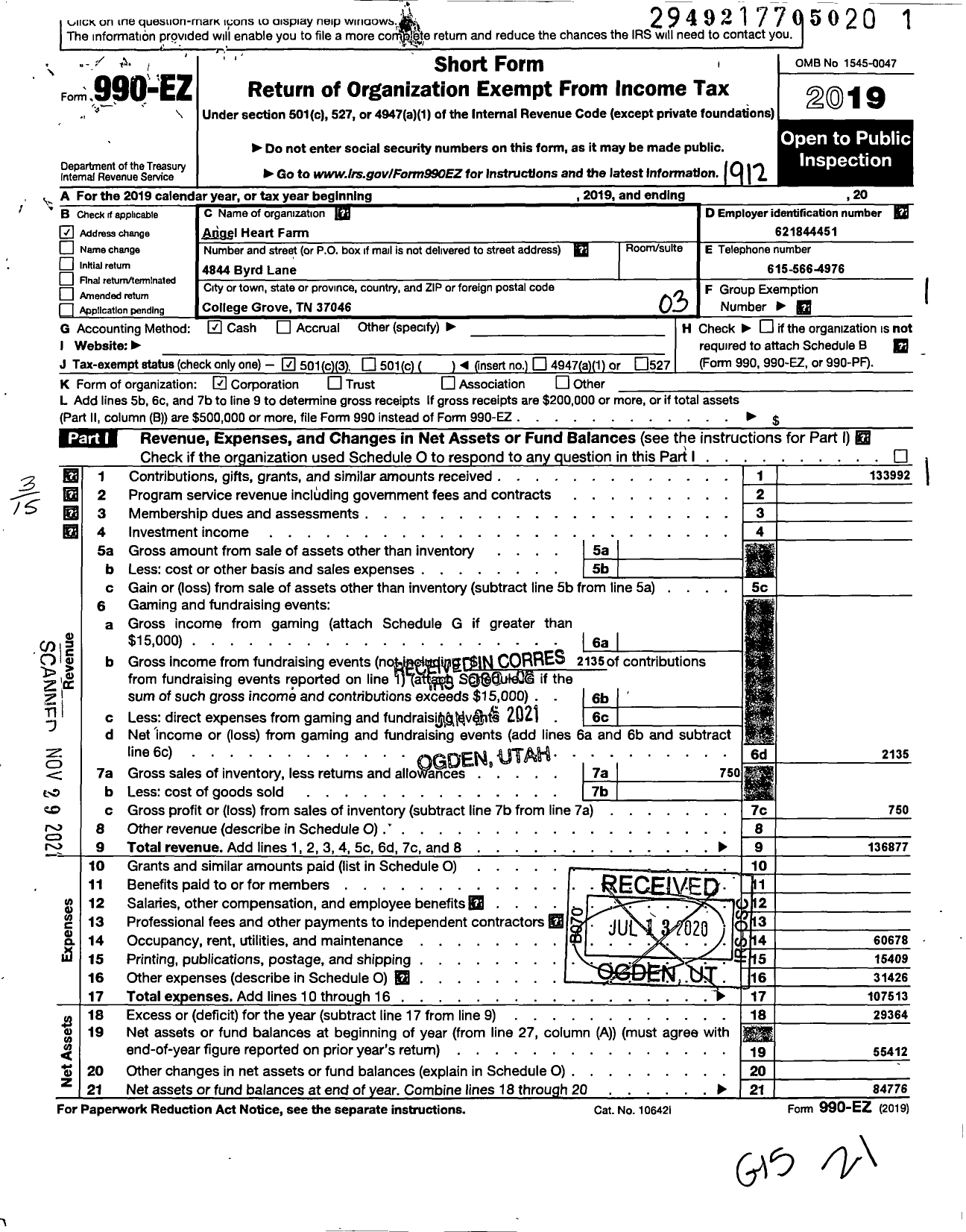 Image of first page of 2019 Form 990EZ for Angel Heart Farm