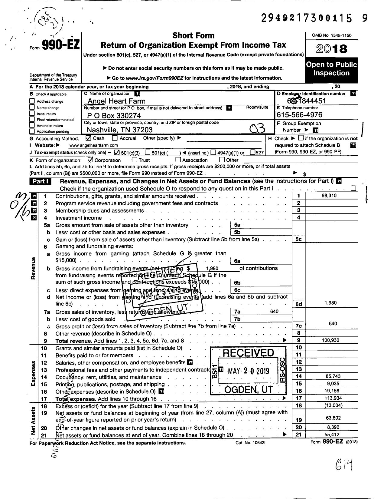 Image of first page of 2018 Form 990EZ for Angel Heart Farm