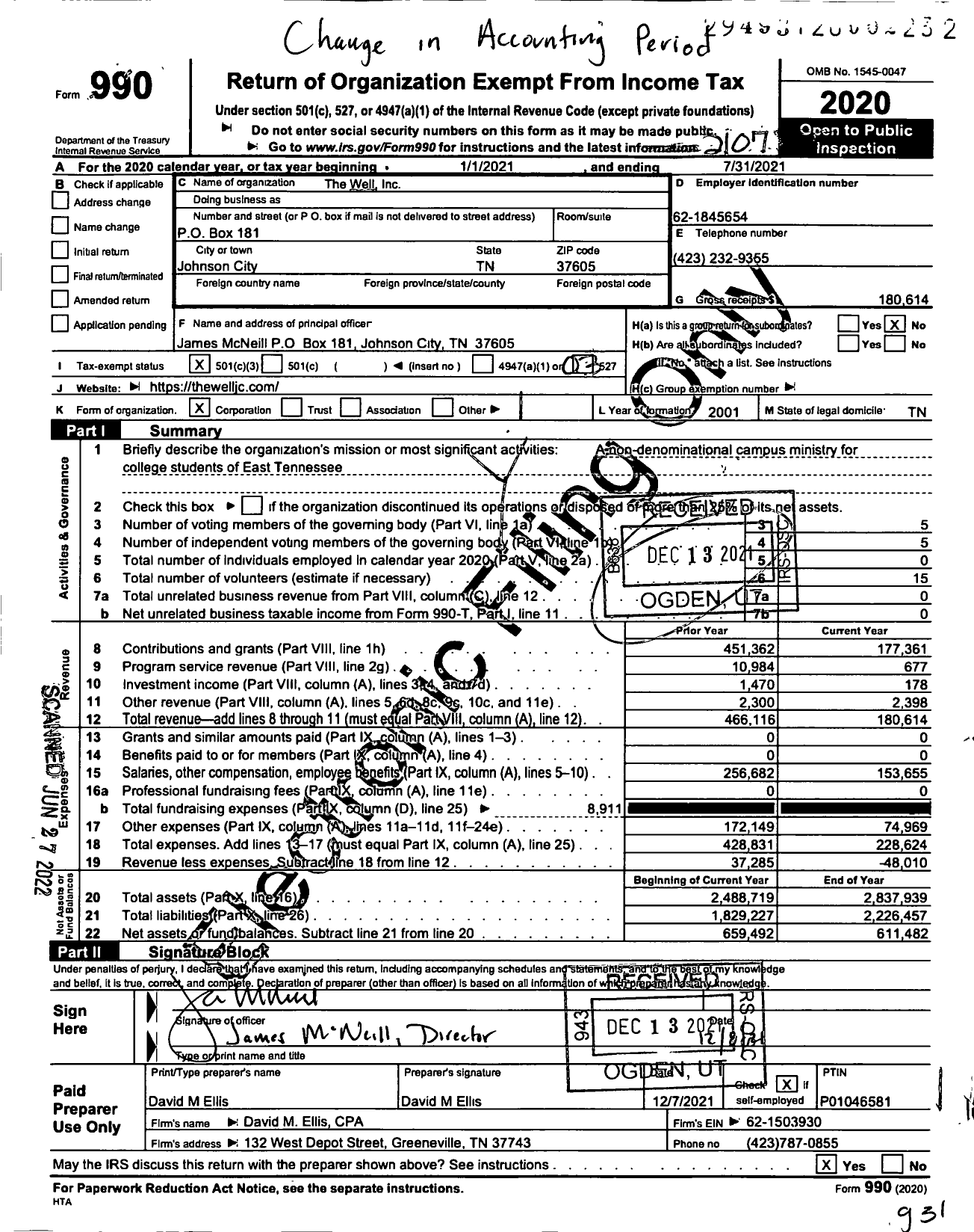 Image of first page of 2020 Form 990 for The Well