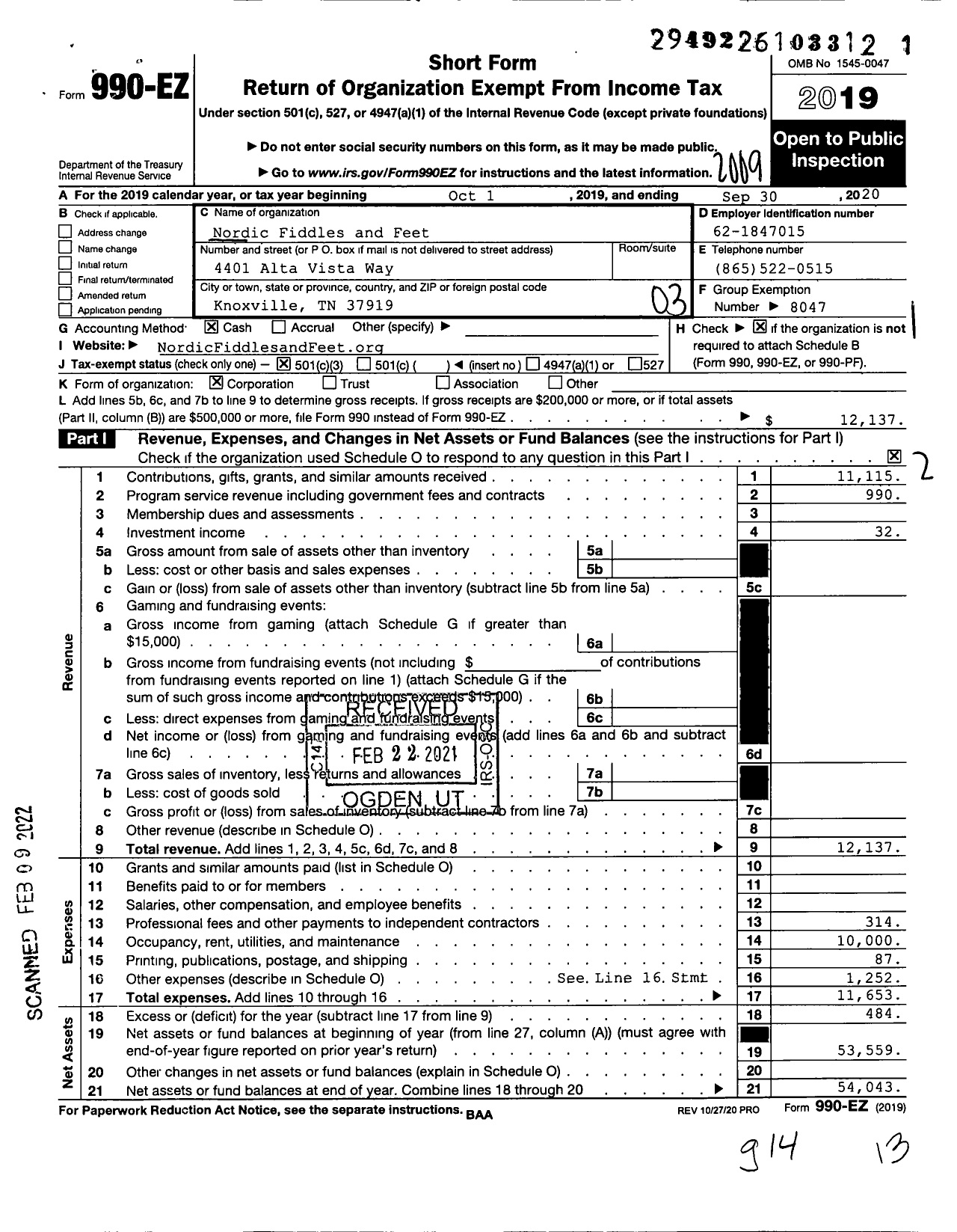 Image of first page of 2019 Form 990EZ for Nordic Fiddles and Feet