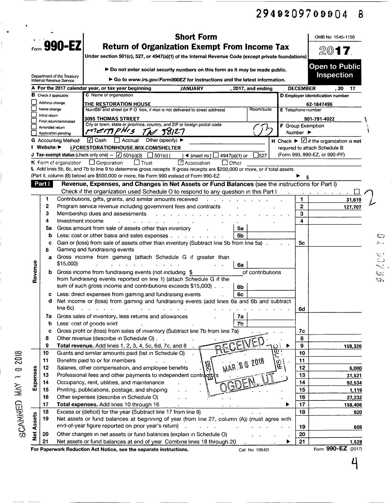 Image of first page of 2017 Form 990EZ for The Restoration House