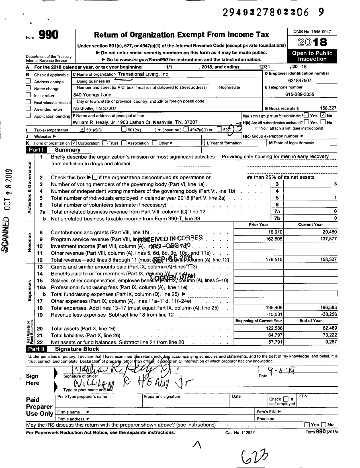 Image of first page of 2018 Form 990 for Transitional Living Chip's Place