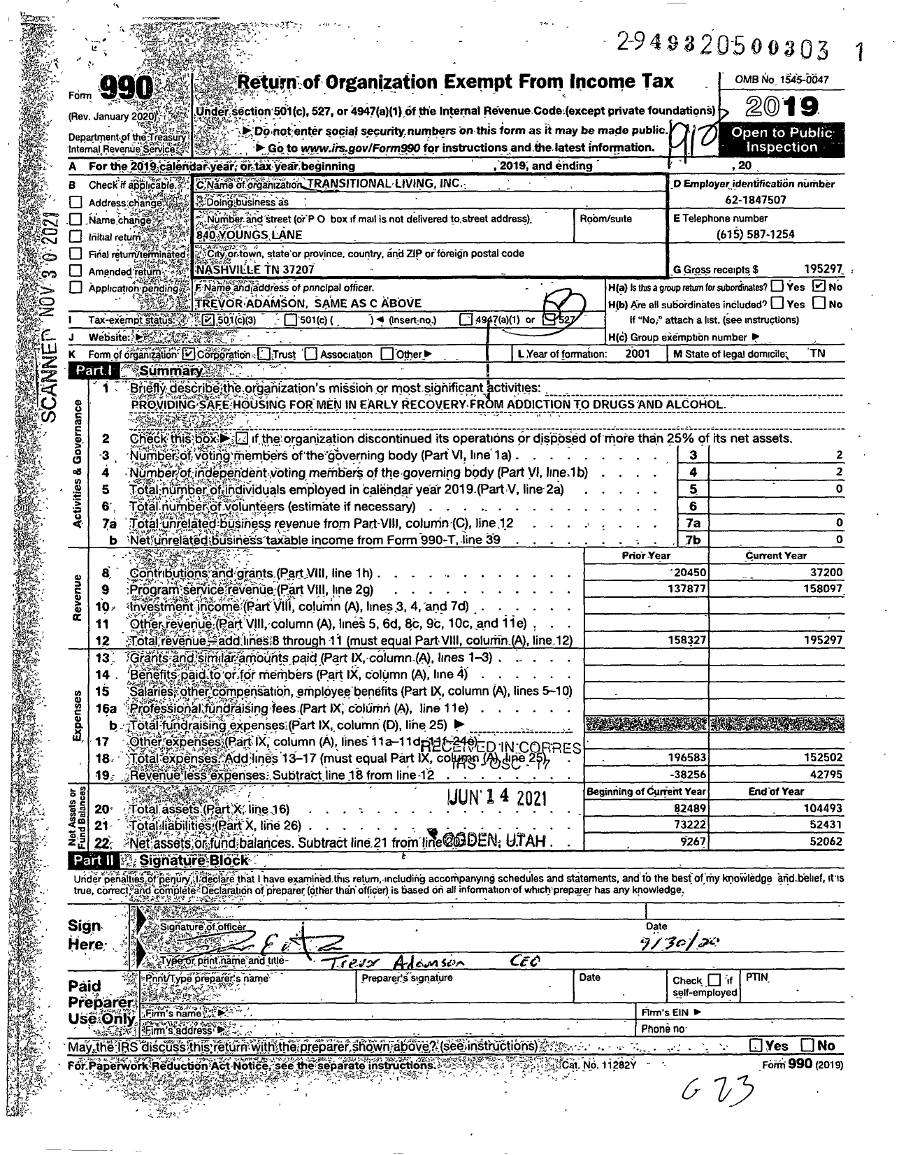 Image of first page of 2019 Form 990 for Transitional Living Chip's Place