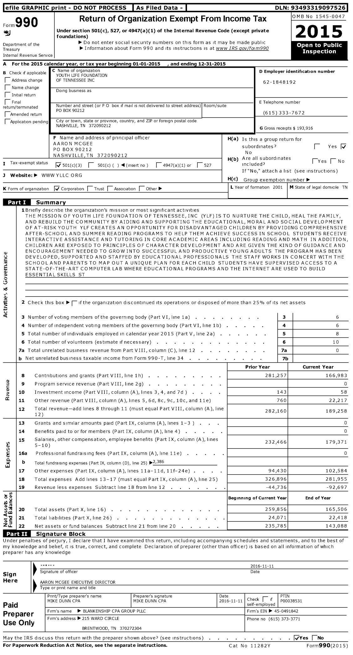 Image of first page of 2015 Form 990 for Youth Life Foundation of Tennessee