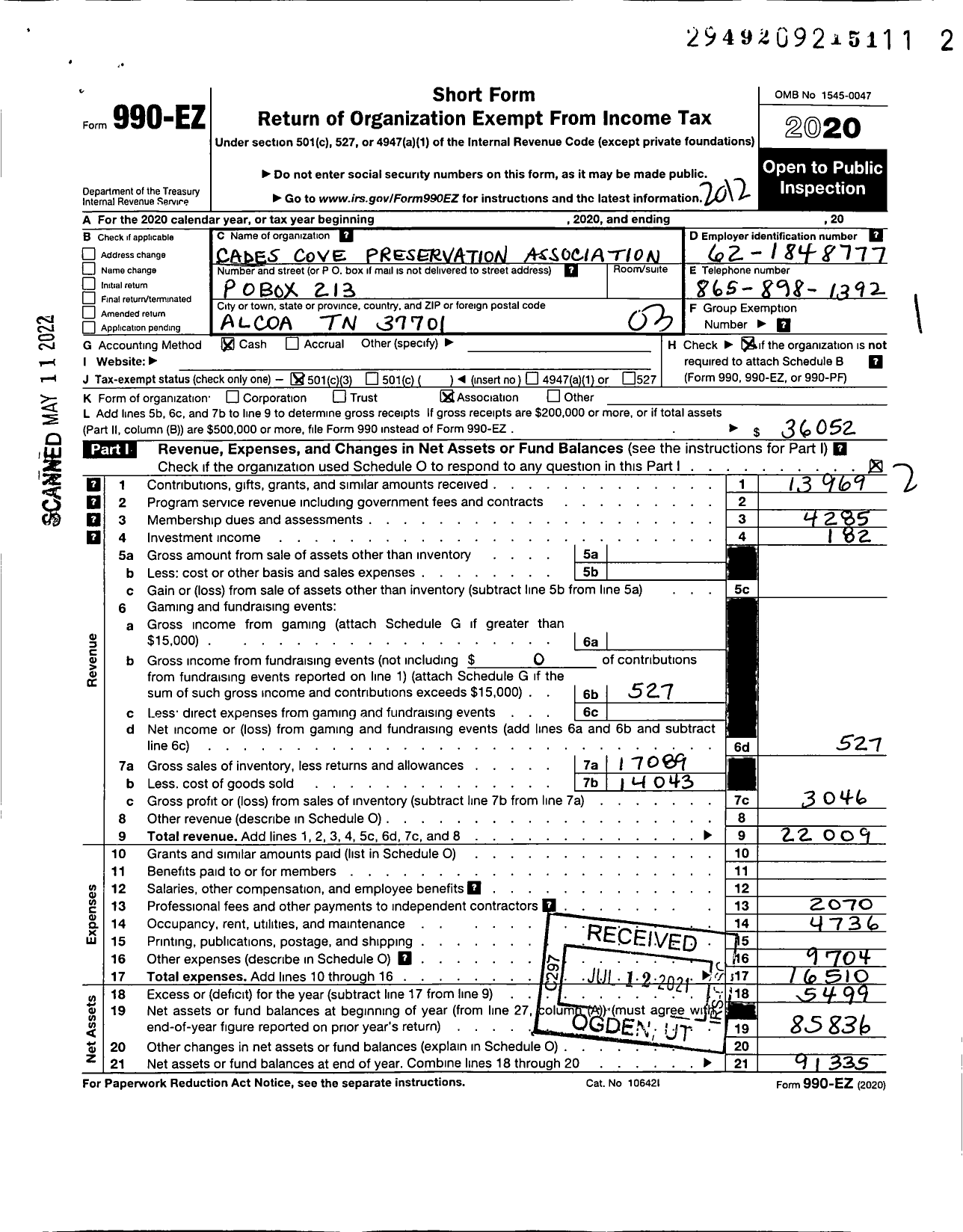 Image of first page of 2020 Form 990EZ for Cades Cove Preservation Association