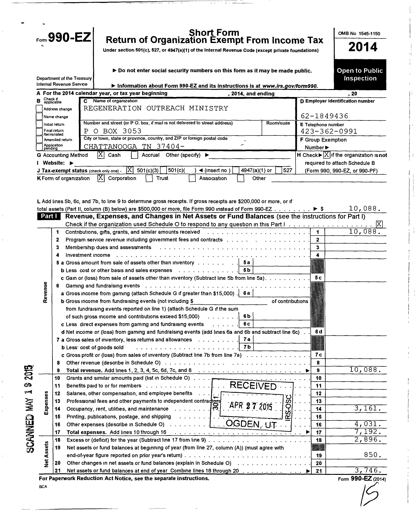 Image of first page of 2014 Form 990EZ for Regeneration Outreach Ministry