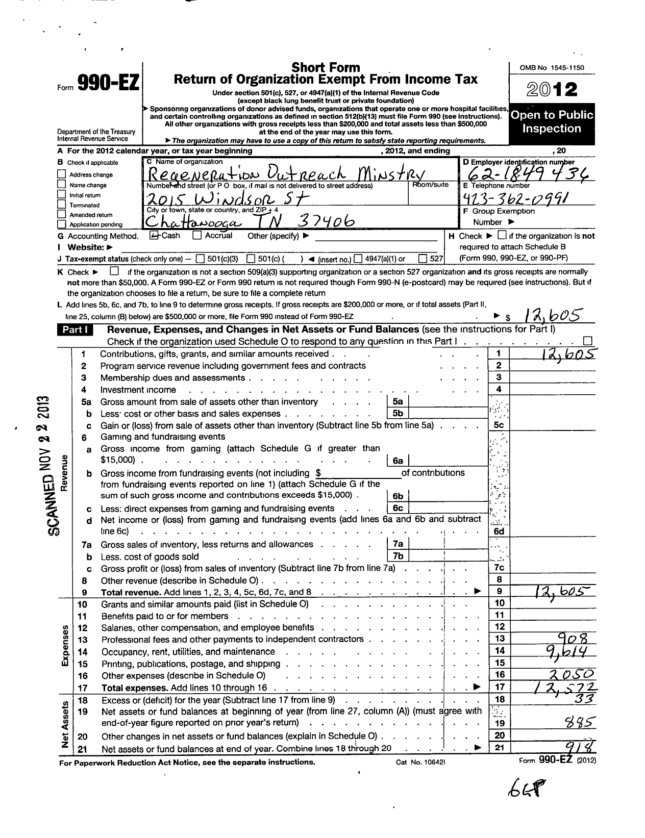 Image of first page of 2012 Form 990EO for Regeneration Outreach Ministry