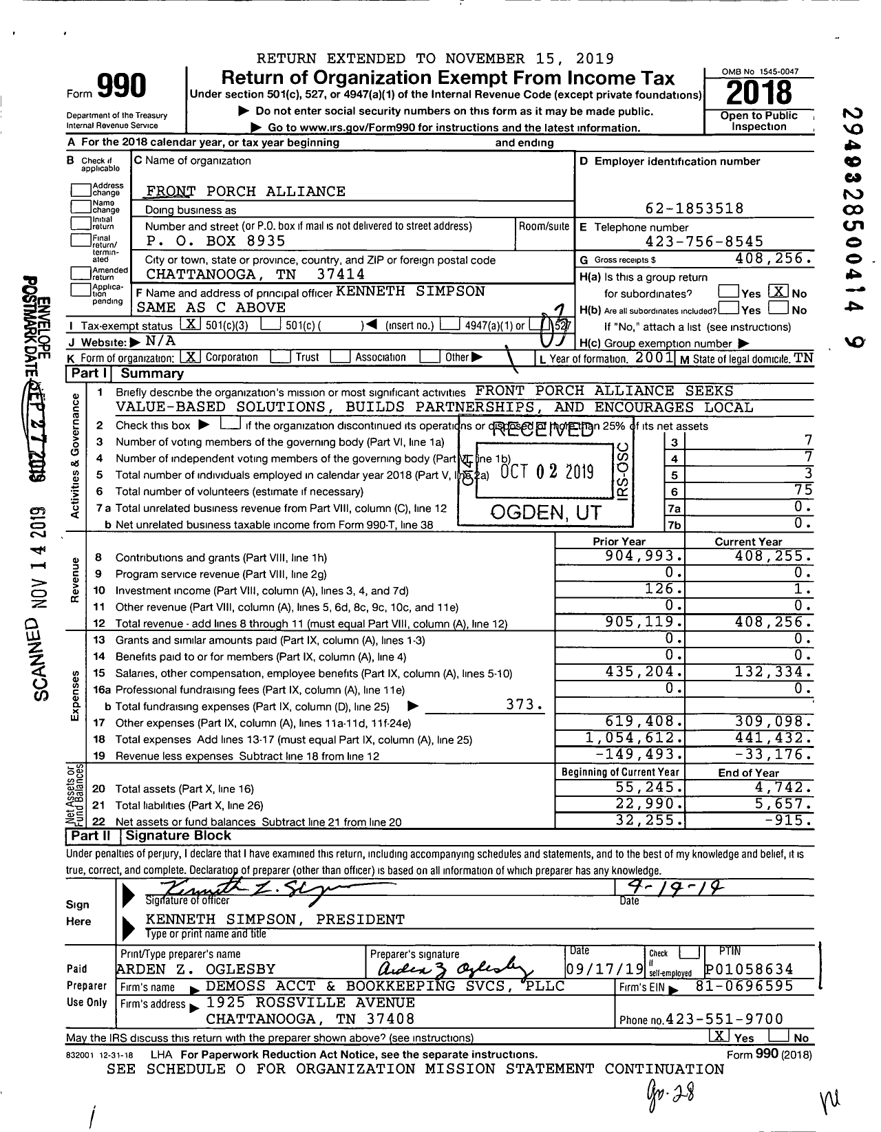 Image of first page of 2018 Form 990 for Front Porch Alliance