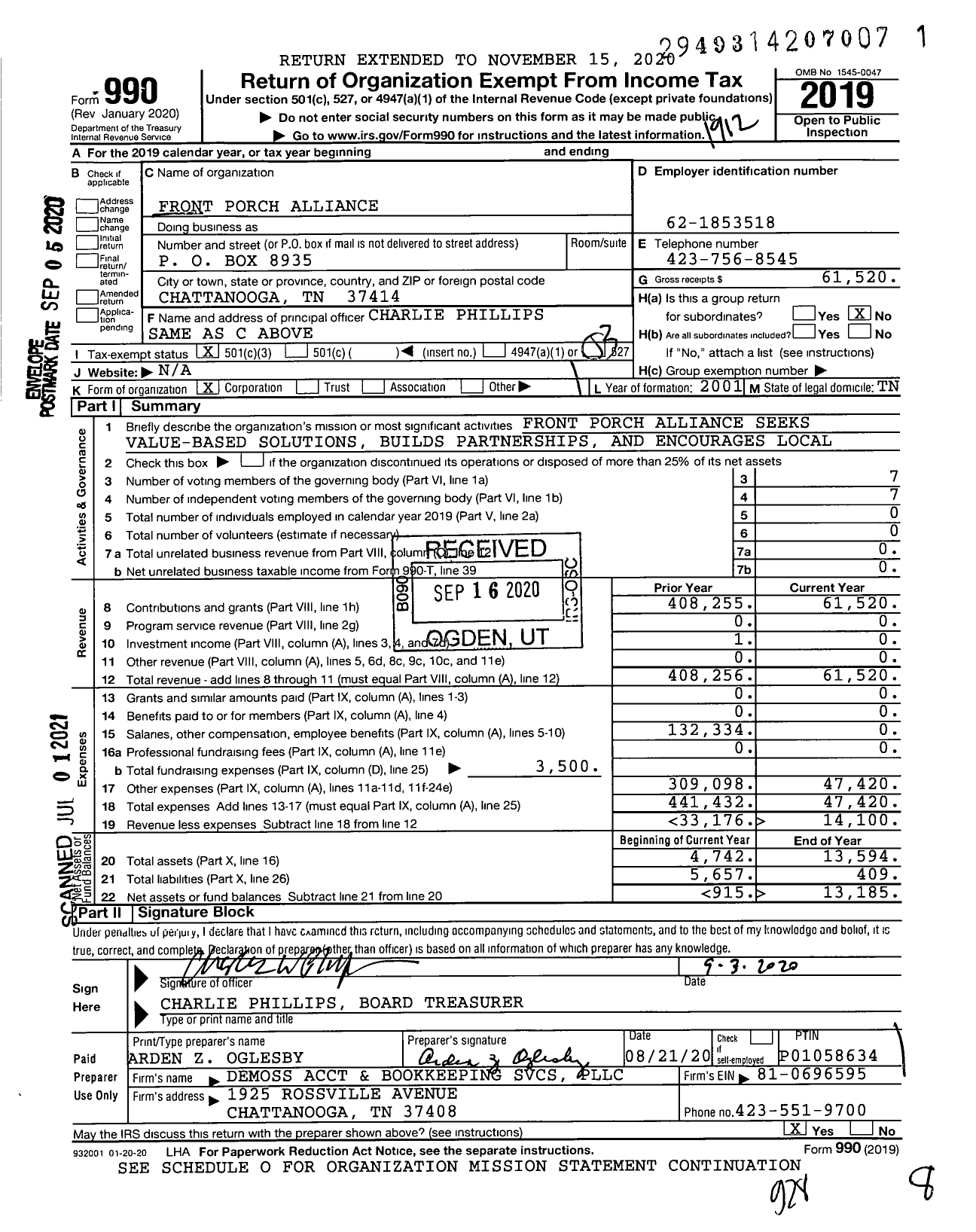 Image of first page of 2019 Form 990 for Front Porch Alliance