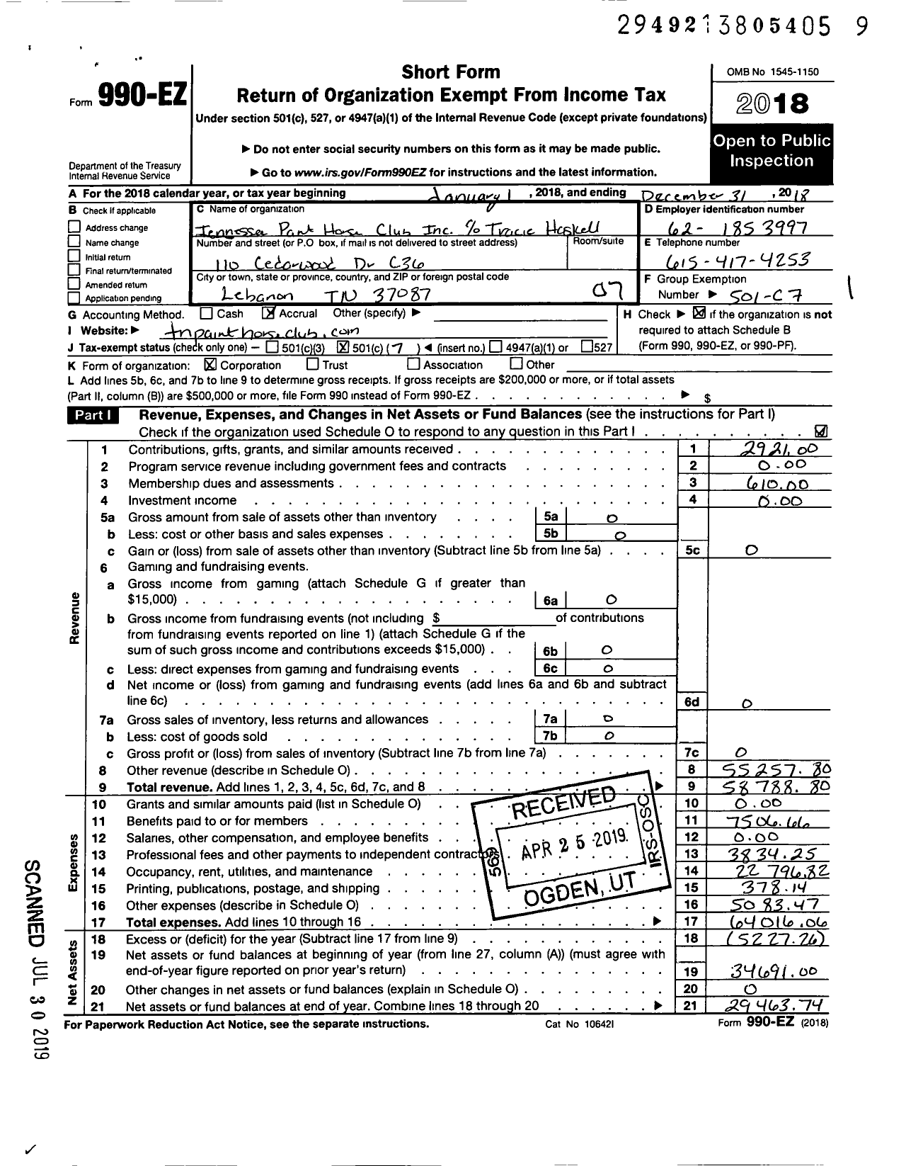 Image of first page of 2018 Form 990EO for Tennessee Paint Horse Club