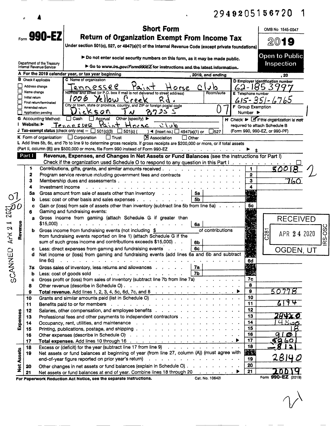 Image of first page of 2019 Form 990EO for Tennessee Paint Horse Club