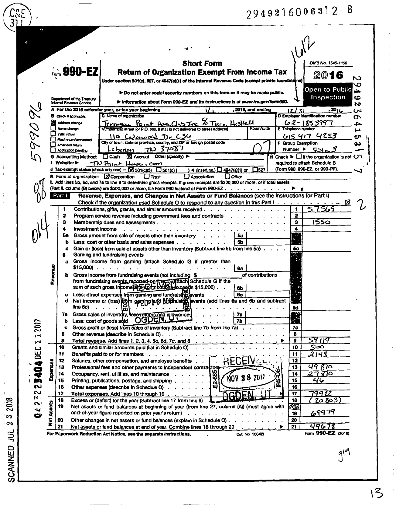 Image of first page of 2016 Form 990EZ for Tennessee Paint Horse Club